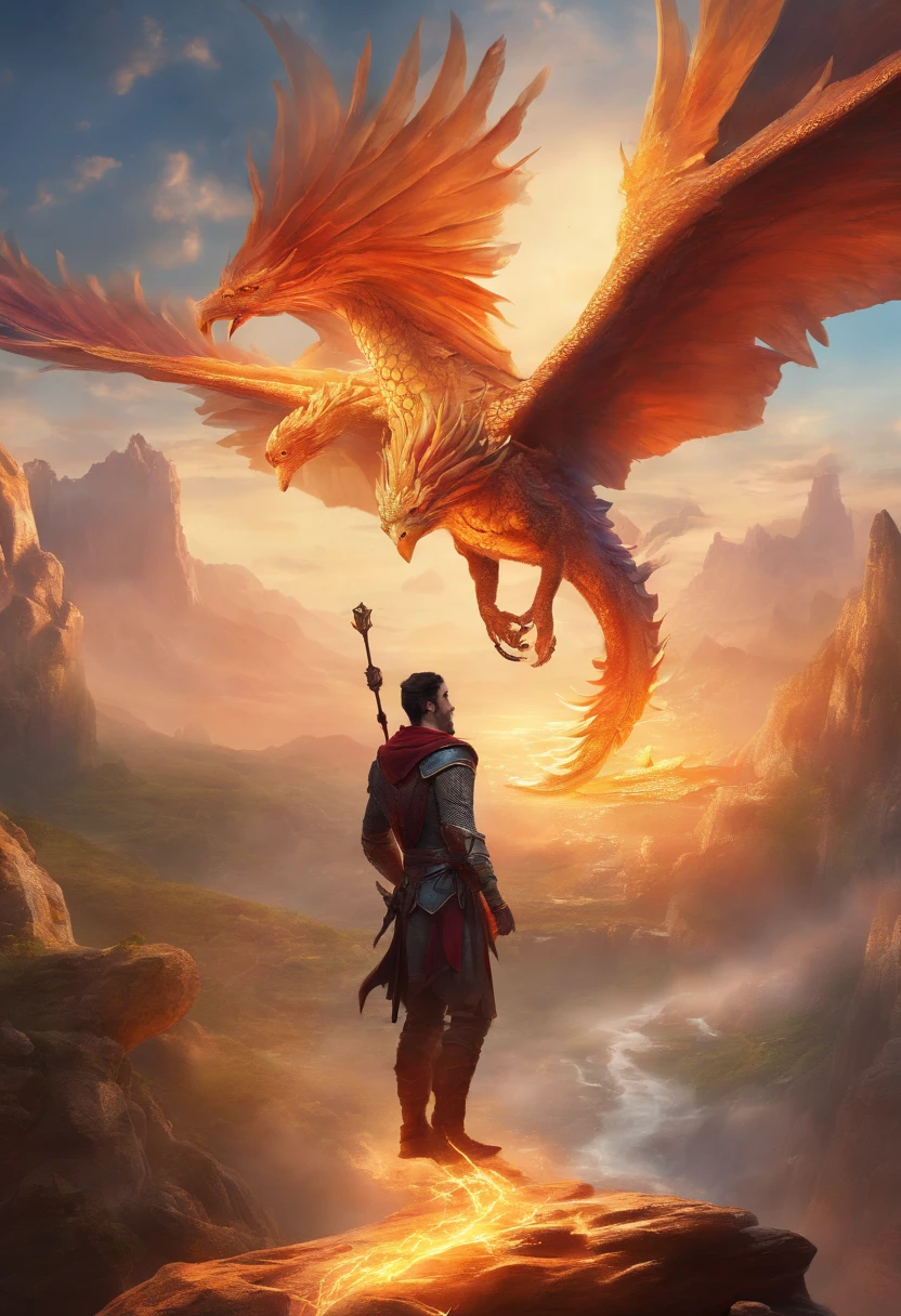 (best quality,4K,8K,high resolution,masterpiece:1.2), ultra-detailed,(realistic,photorealistic,photo-realistic:1.37), a young man, with a flying dragon and phoenix behind him