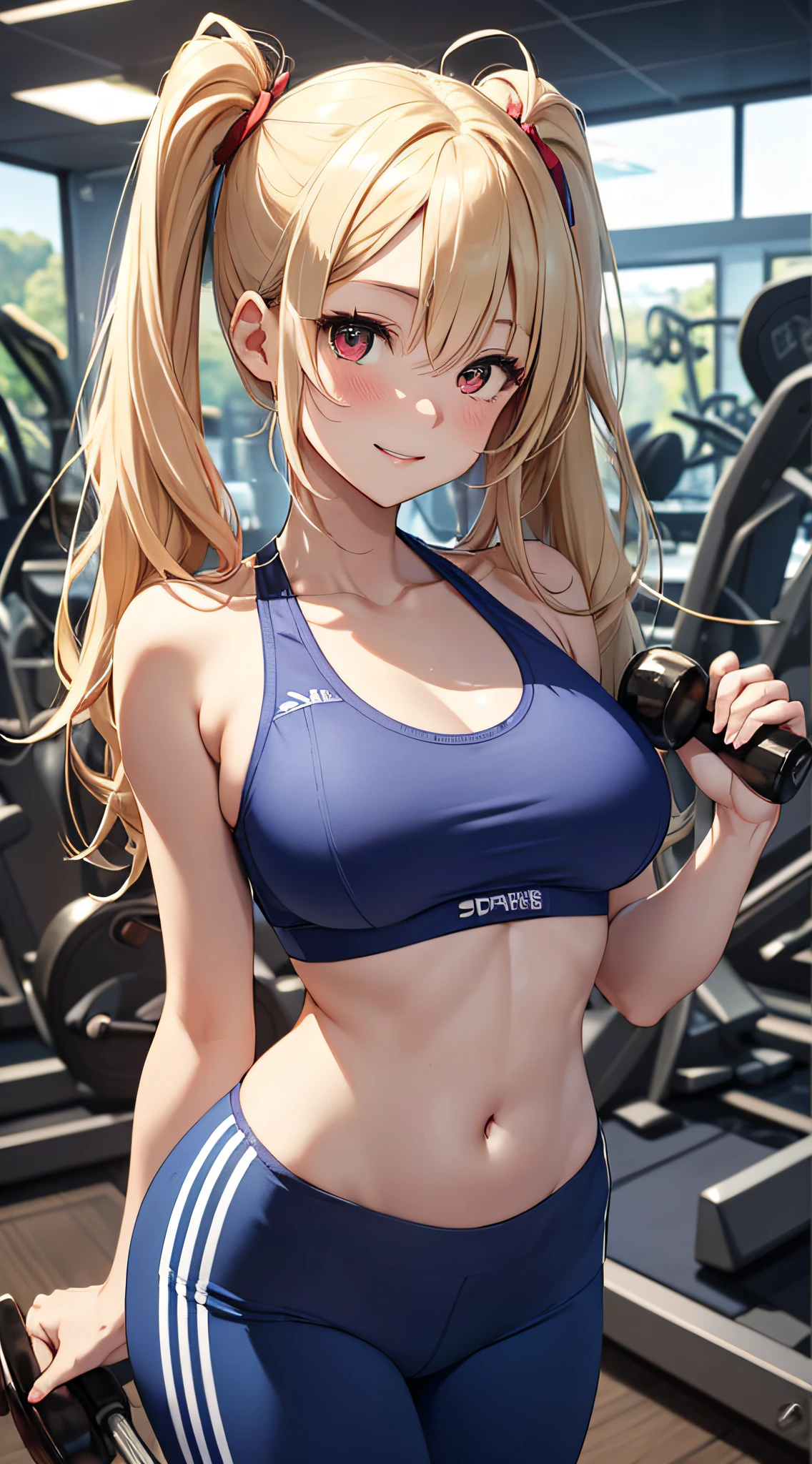 top-quality、Top image quality、masterpiece、girl with((18year old、Blue Sports Bra、Blue sports pants、Best Bust、Bust 90、Blonde twintails、Red Eyes、open chest wide、Valley、Happiness、A slender、ssmile,fitness、Use of treadmills))hiquality、Beautiful Art、Background with((sports club))、masutepiece、Elaborate design、visualart、