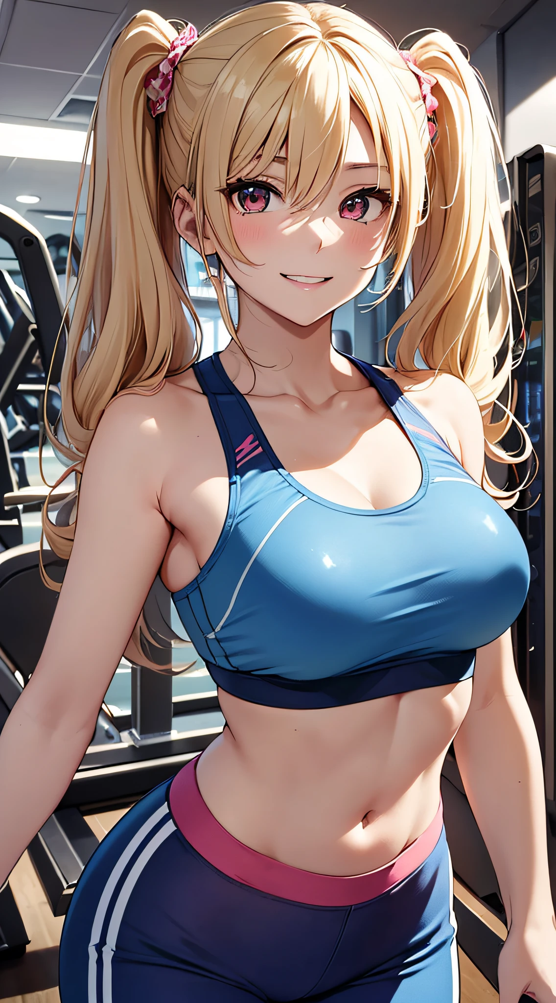 top-quality、Top image quality、masterpiece、girl with((18year old、Blue Sports Bra、Blue sports pants、Best Bust、Bust 90、Blonde twintails、Red Eyes、open chest wide、Valley、Happiness、A slender、ssmile,fitness、Use of treadmills))hiquality、Beautiful Art、Background with((sports club))、masutepiece、Elaborate design、visualart、