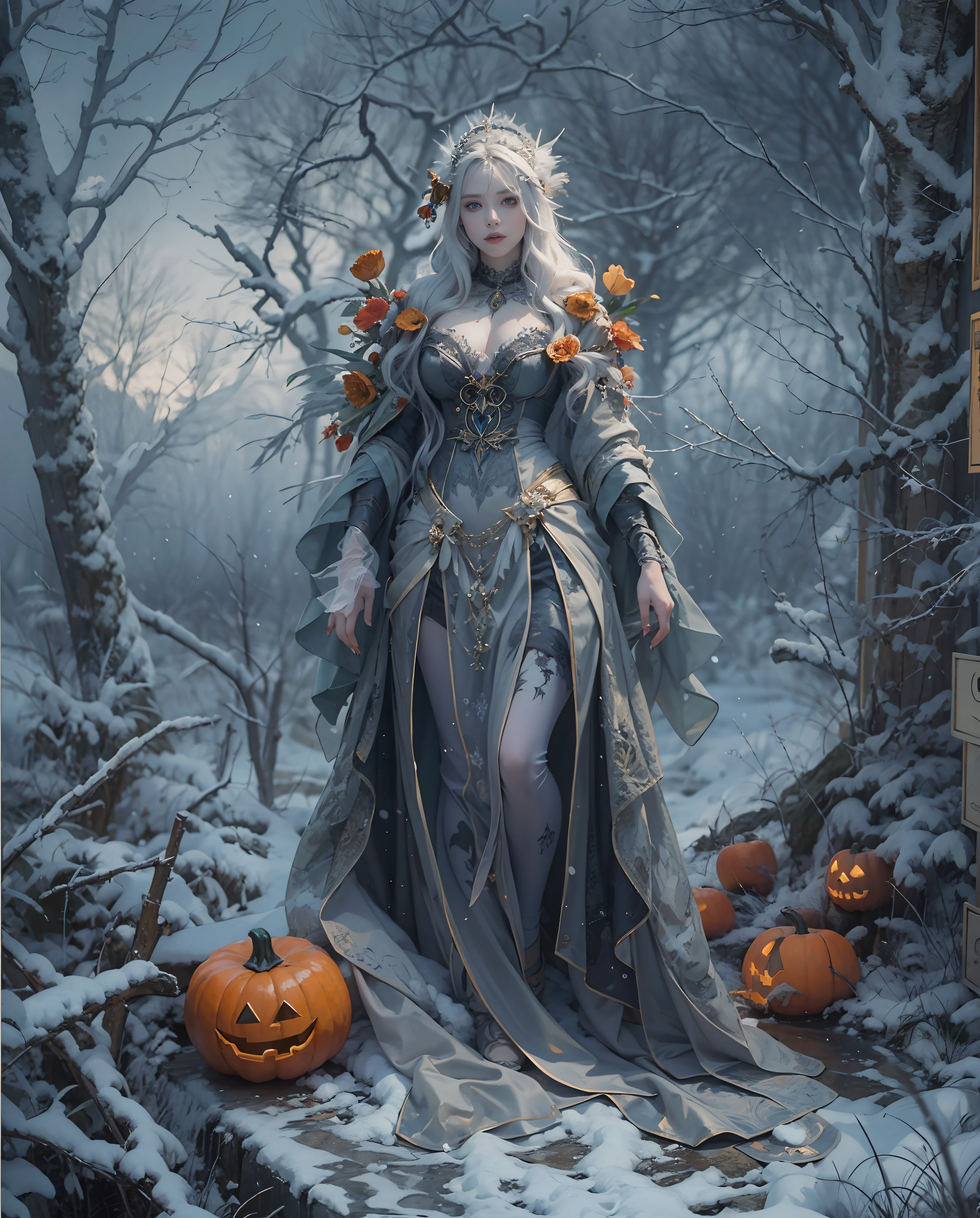 Best quality, masterpiece, meticulous detail, intricate detail, realistic, full body shot of a mystical winter lady in halloween, horror