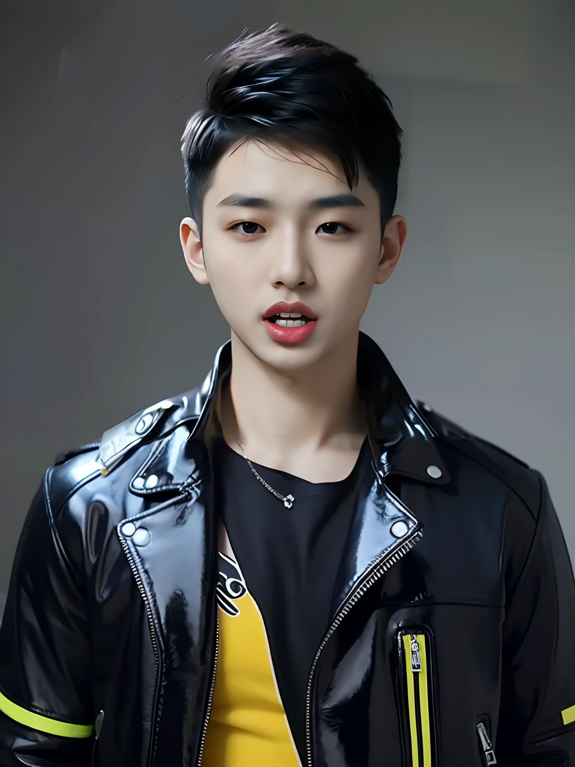 Handsome boy,Wear a PVC leather jacket
