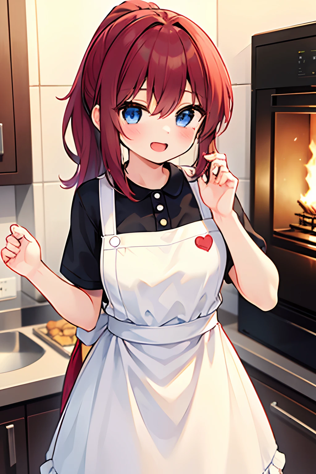 1girl, young girl, masterpiece, high quality, red hair, long hair, straight hair, ponytail, blue eyes, in the kitchen, with oven, making a cookie, wearing a apron, (wearing a t-shirt), happy