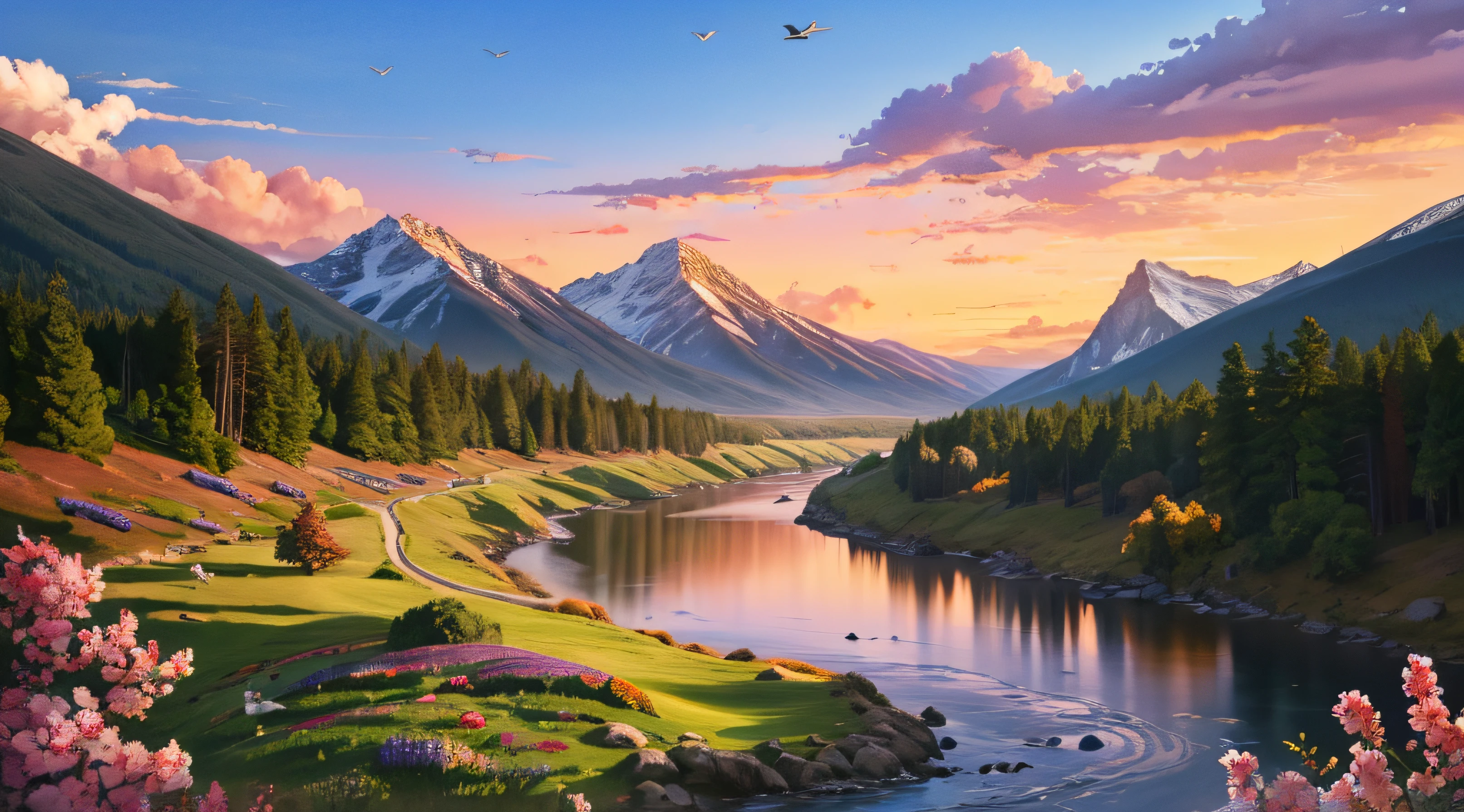 painting of a river flowing through a valley, scenic background of tall woods and big mountains, grass meadow, small shrubs with flowers, Rockey shoar, birds in the sky, birds in the sky, view from the river shore, detailed scenery, HD quality, Highly detailed watercolor painting, time sun set time