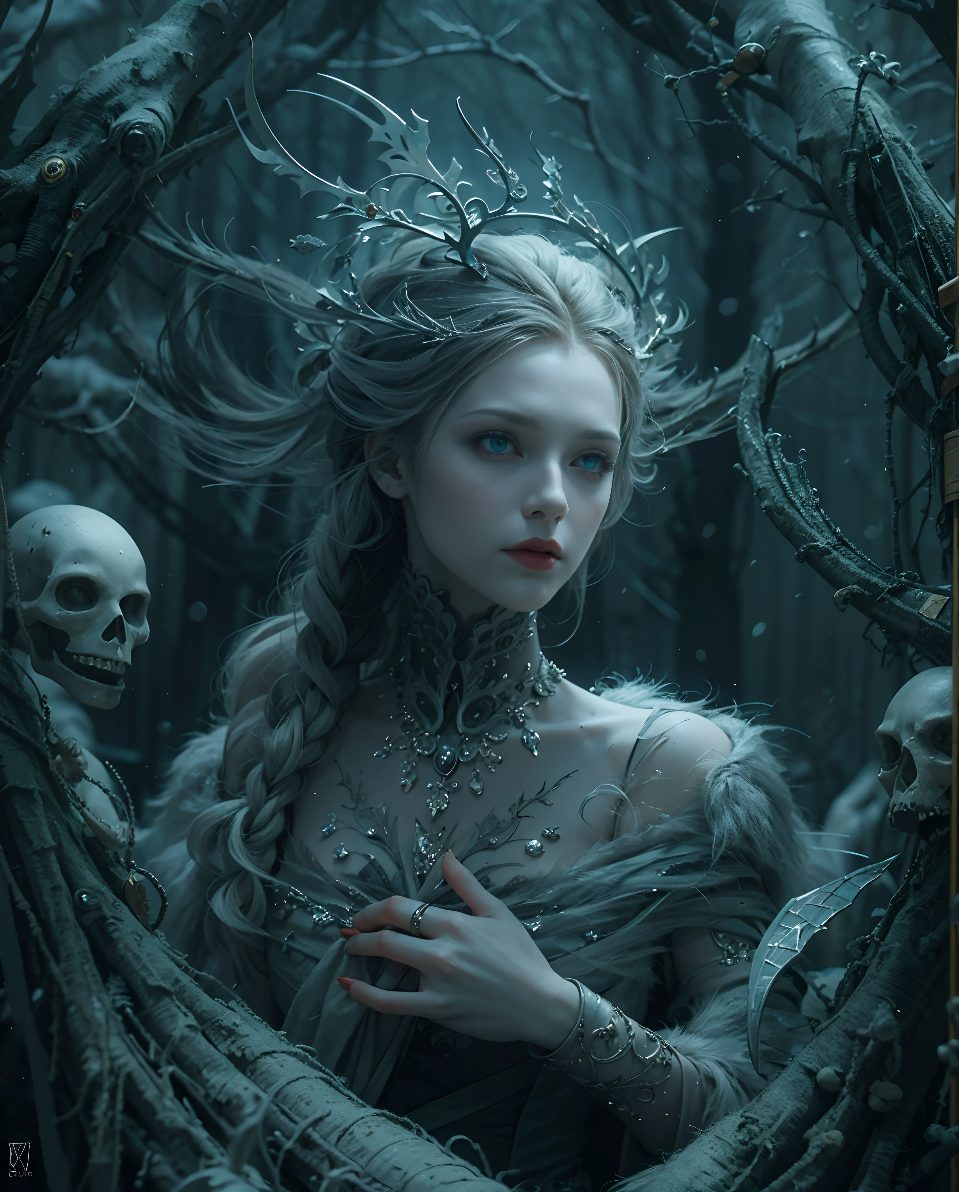 Best quality, masterpiece, meticulous detail, intricate detail, realistic, a mystical winter lady in halloween, horror, dark fantasy, cinematic