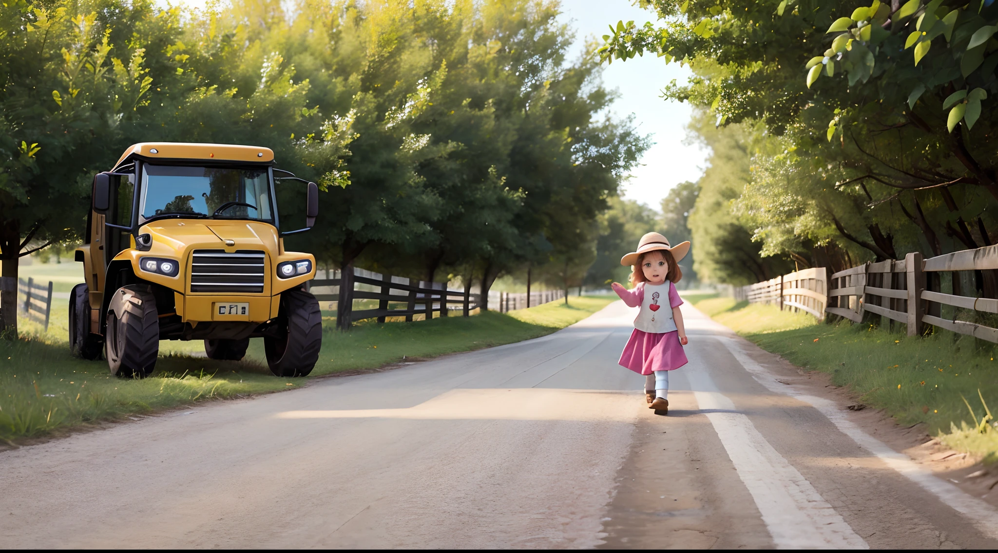 a 4 year old girl walking along a farm road, vertical angle