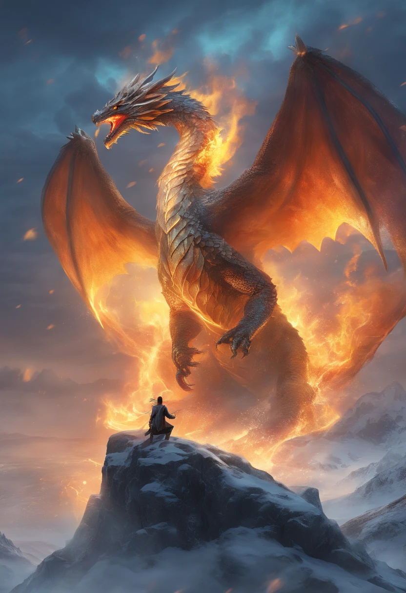 (Best quality,4K,8K,high resolution,Masterpiece:1.2), Ultra-detailed,(Realistic,Photorealistic,photo-realistic:1.37), A young man, There is an ice dragon behind him，A fire phoenix