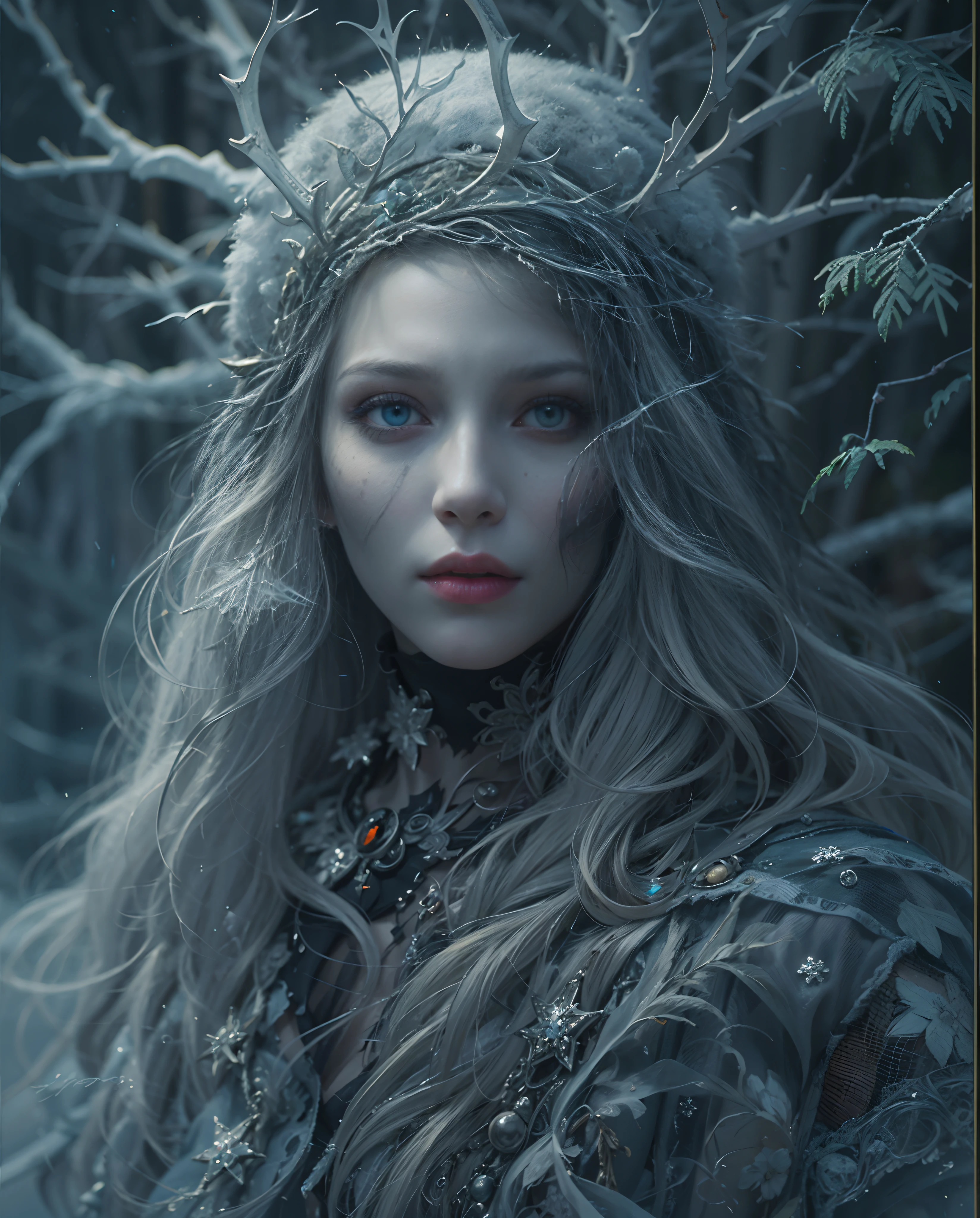 Best quality, masterpiece, meticulous detail, intricate detail, realistic, a mystical winter lady in halloween, horror, dark fantasy