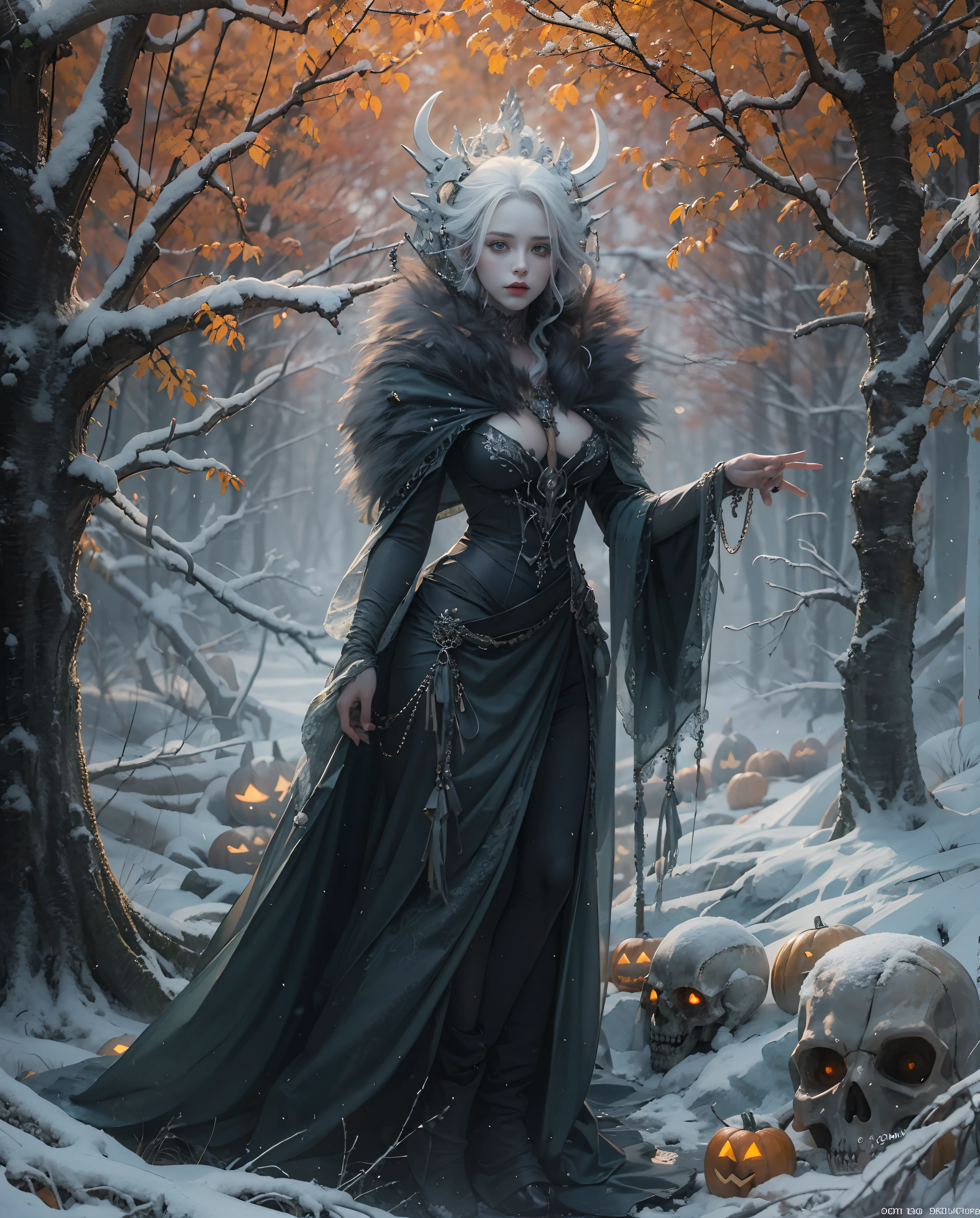 Best quality, masterpiece, meticulous detail, intricate detail, realistic, a mystical winter lady in halloween, horror, dark fantasy