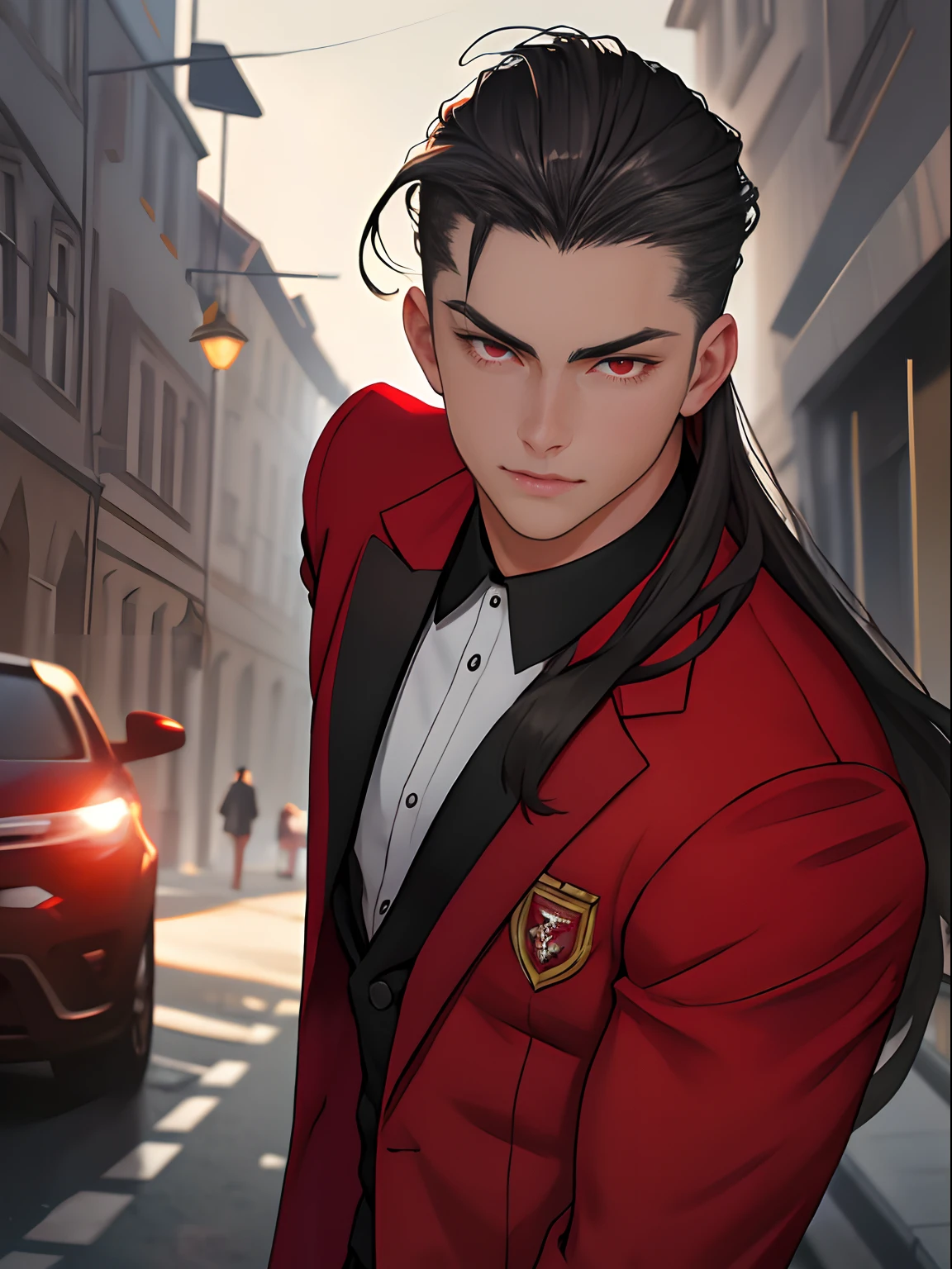 masterpiece, 1boy, young, handsome, dark grey slicked back long hair, perfect face, detailed eyes and face, red eyes, school uniform, clean shaved, muscular, capturing a european street atmosphere, dynamic lighting