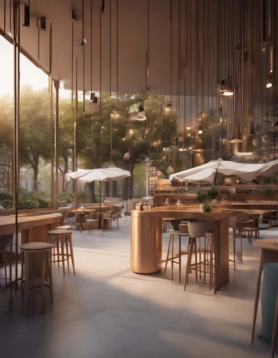 coffee shop with a modern minimalist concept. outdoor theme, using concrete tables, there is a music concert venue