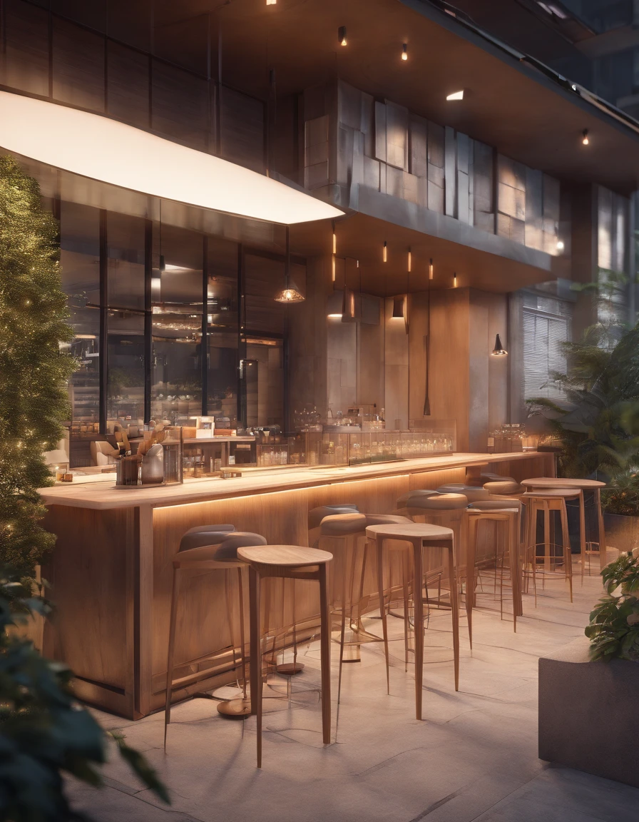 coffee shop with a modern minimalist concept. outdoor theme, using concrete tables, there is a music concert venue