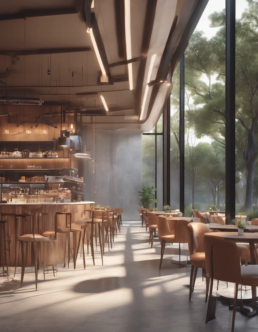 coffee shop with a modern minimalist concept. outdoor theme, using concrete tables, there is a music concert venue