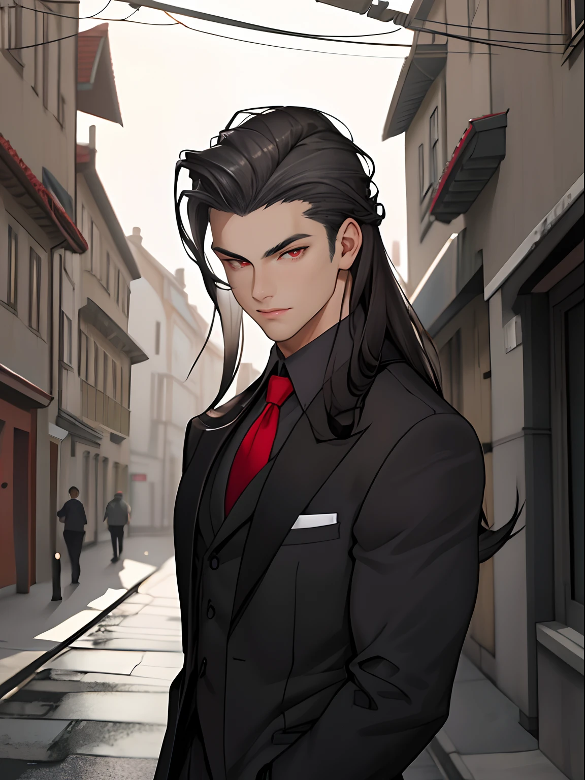 masterpiece, 1boy, young, handsome, dark grey slicked back long hair, perfect face, detailed eyes and face, red eyes, school uniform, clean shaved, muscular, capturing a european street atmosphere, dynamic lighting
