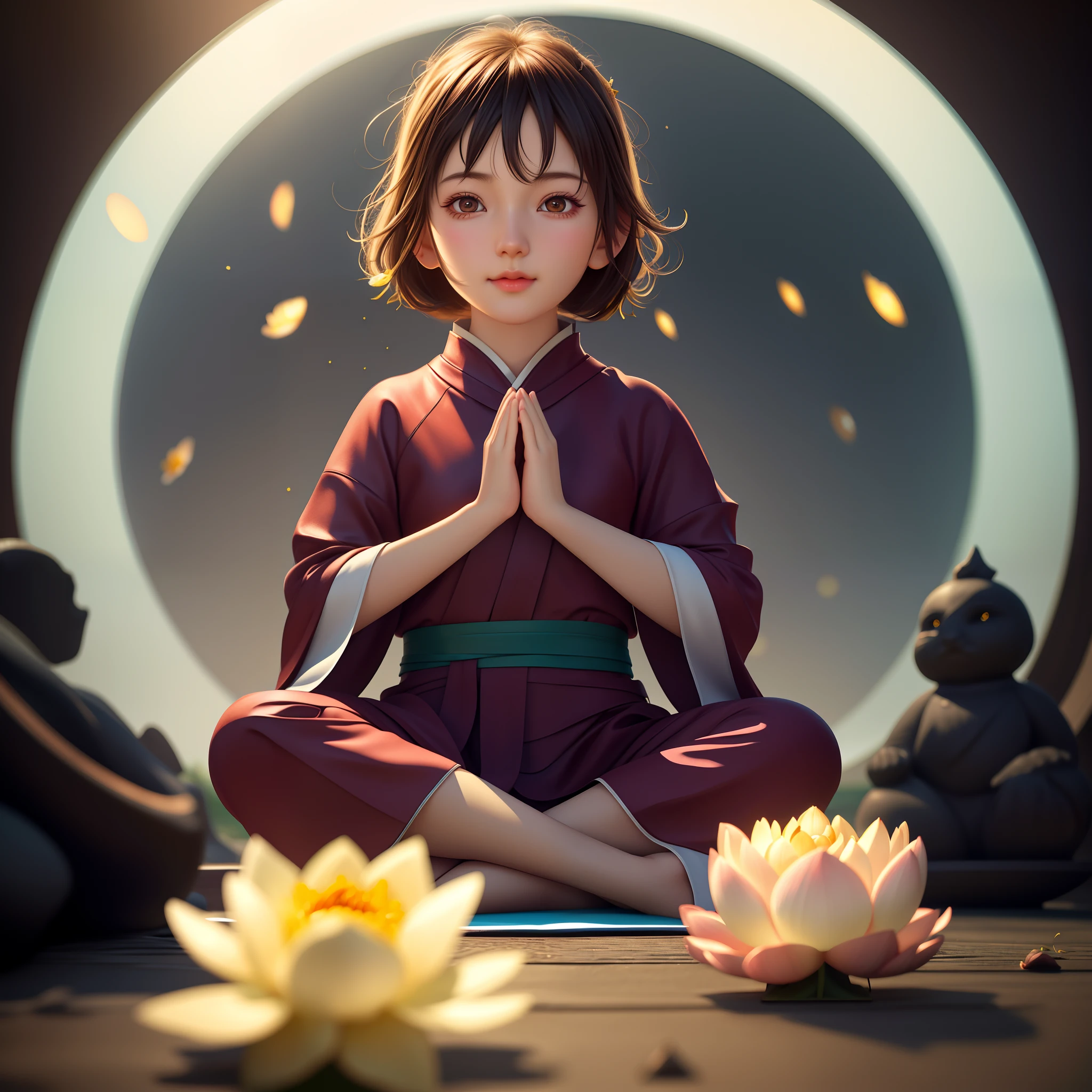 There was a young girl sitting in the lotus position with her hands folded, lovely digital painting, Artgerm and Atey Ghailan, Beautiful digital artwork, childrens art in artstation, atey ghailan 8 k, Ross Tran 8 K, sitting on a lotus flower, cyril rolando and goro fujita, Beautiful digital illustration, beautiful avatar picture
