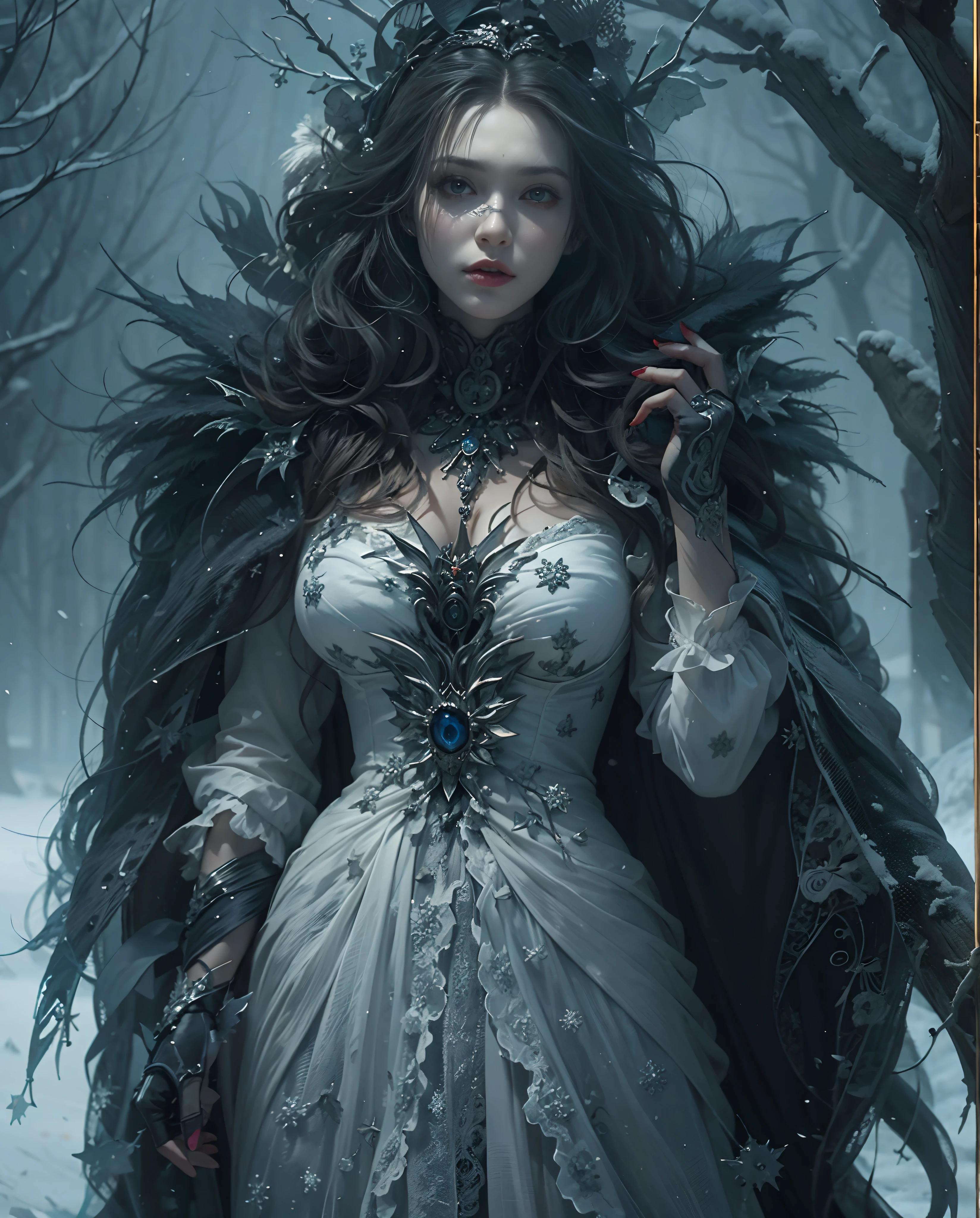 Best quality, masterpiece, meticulous detail, intricate detail, realistic, full body, a mystical winter lady in halloween, horror, dark fantasy, cinematic