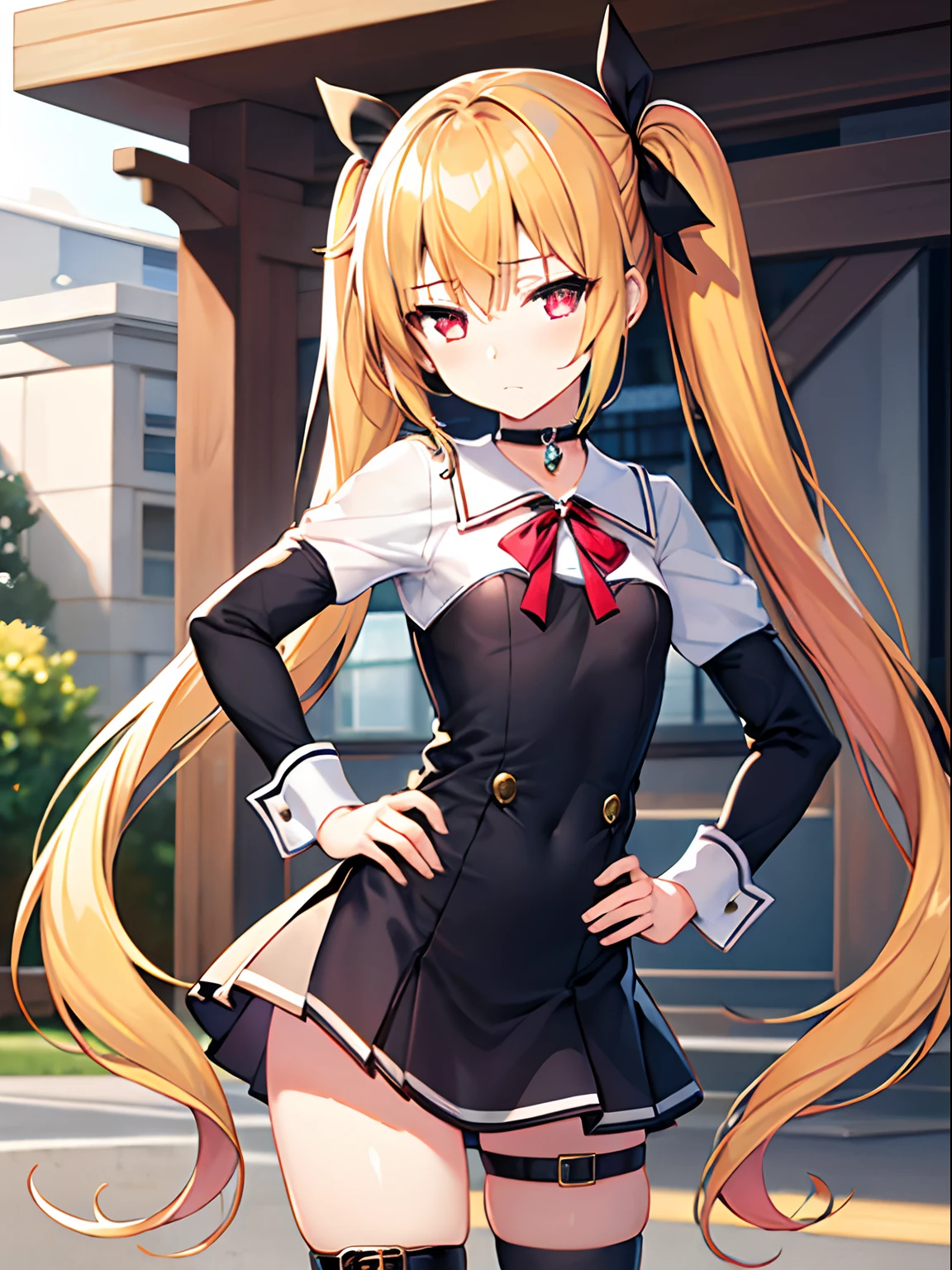 Highly detailed and realistic CG, Colorful, Masterpiece, Best Quality, magnificent, jewel-like eyes, 1girl, solo, li, pee, cute girl, lemon yellow hair, wavy hair, very long twintails, gothic school uniform, black clothes, frown, red eyes, 
 jig eyes, hollow eyes, half-closed eyes, standing, hand on hip, hand on hair, gothic ribbon, ribbon tie, outdoors, school ground, small breasts, closed mouth, blush, gothic miniskirt, gothic boots, from front, cowboy shot, thigh strap, choker,