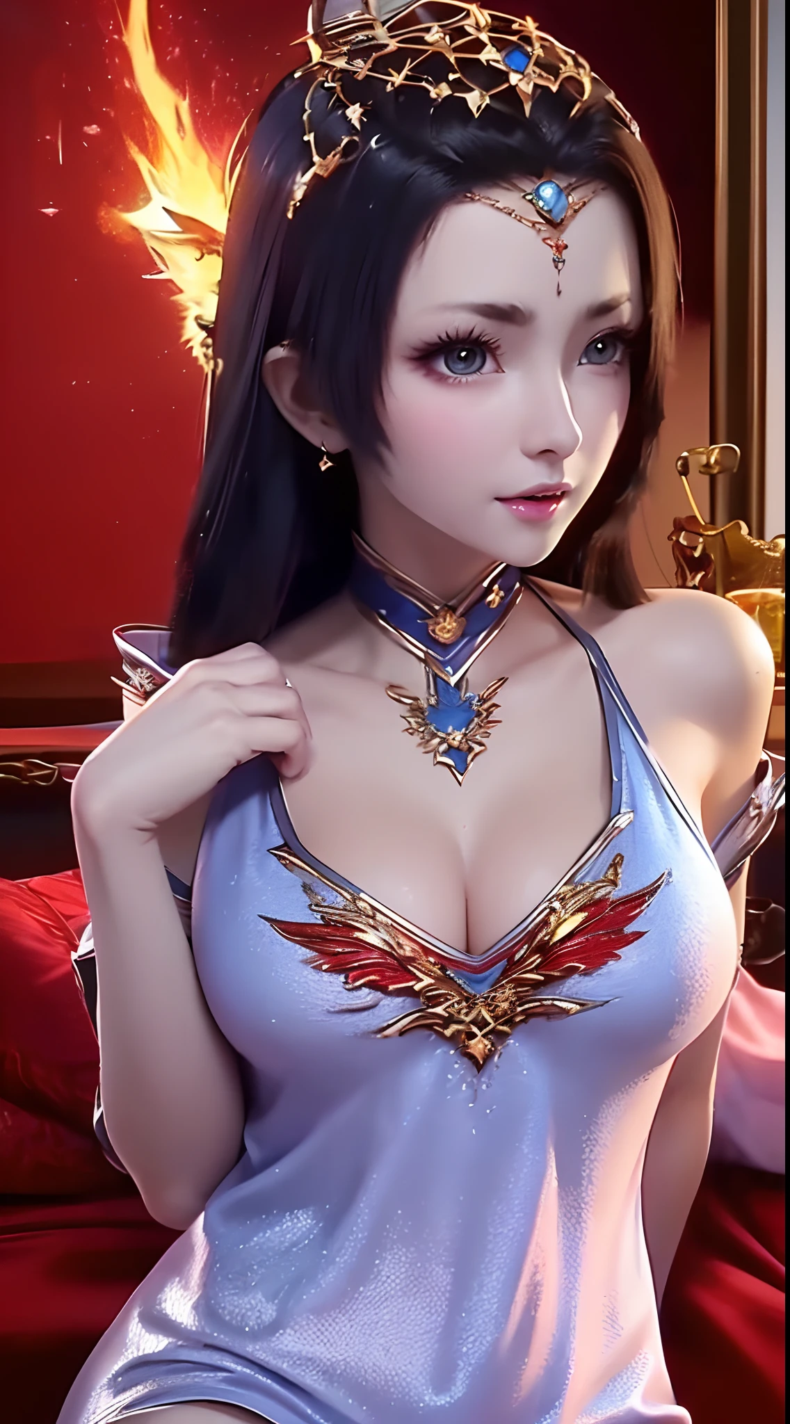 An extremely beautiful princess, (((wearing a sexy, ultra-thin 2-strap short nightgown in red color:1.8))), nightgown with deep slit in the chest, sexy red lace short nightgown, ((supine position with chest up:1.5)), sexy nightgown style, long shiny black hair, the most beautiful and detailed hair jewelry, beautiful little face thin eyebrows, the most beautiful and spotless face, ((black iris:0.8)), the very beautiful eyes, big round eyes, ((Brown eyes:1.1)), fine and detailed makeup eyelashes, high nose, wearing earrings, small red lips, rosy face, clean face, beautiful face without blemish, smooth white skin, ((big breasts: 0.9)), Blums boobs, ((big and super round breasts:0.9)), ((super tight breasts:1.2)), ((breast augmentation: 0.8)), beautiful breasts, slim and petite body, ((thin waist: 0.9)), upper body of a beautiful girl, sexy girl, ((Open your legs: 1.6)), unashamed, ((chubby body:1.6)), ((blue fire effect:1.6)), 8k photo, super high quality, super realistic, 10x super pixels, photo realistic, dark studio, border light, two tone light, (detailed skin high: 1.2), 8k uhd, dslr, soft light, high quality, volumetric light, candid, Photo, high resolution, light, best photo, 4k quality, 8k, Bokeh, Smooth and sharp, pixel up 10 times, lightning, super graphics, the most realistic graphics, (((Luxurious bedroom and bed background: 1.6))), 1 girl, alone, solo, ((frontal portrait:1.5)), Extremely sharp, super realistic images."