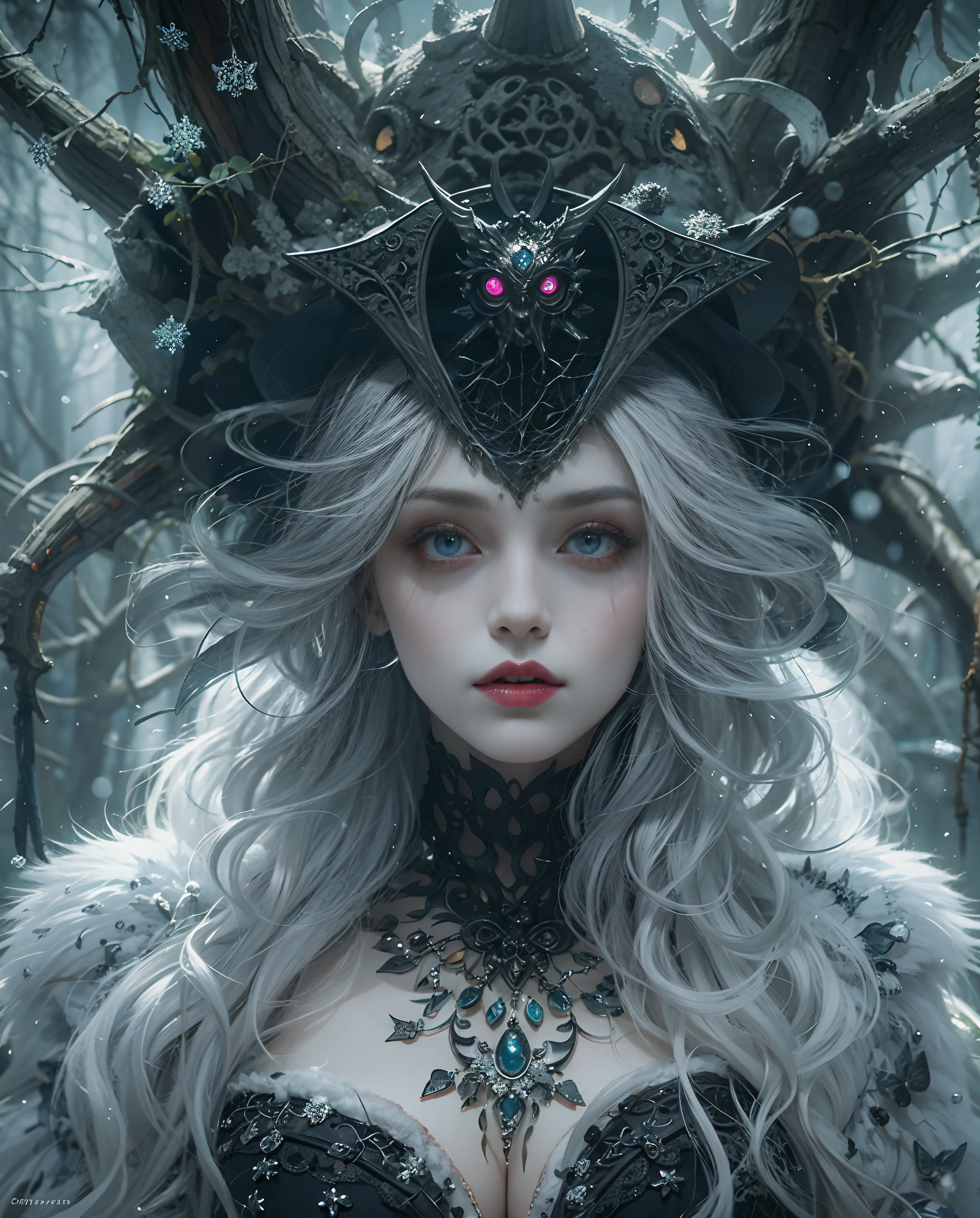 Best quality, masterpiece, meticulous detail, intricate detail, realistic, a mystical winter lady in halloween, horror, dark fantasy, cinematic