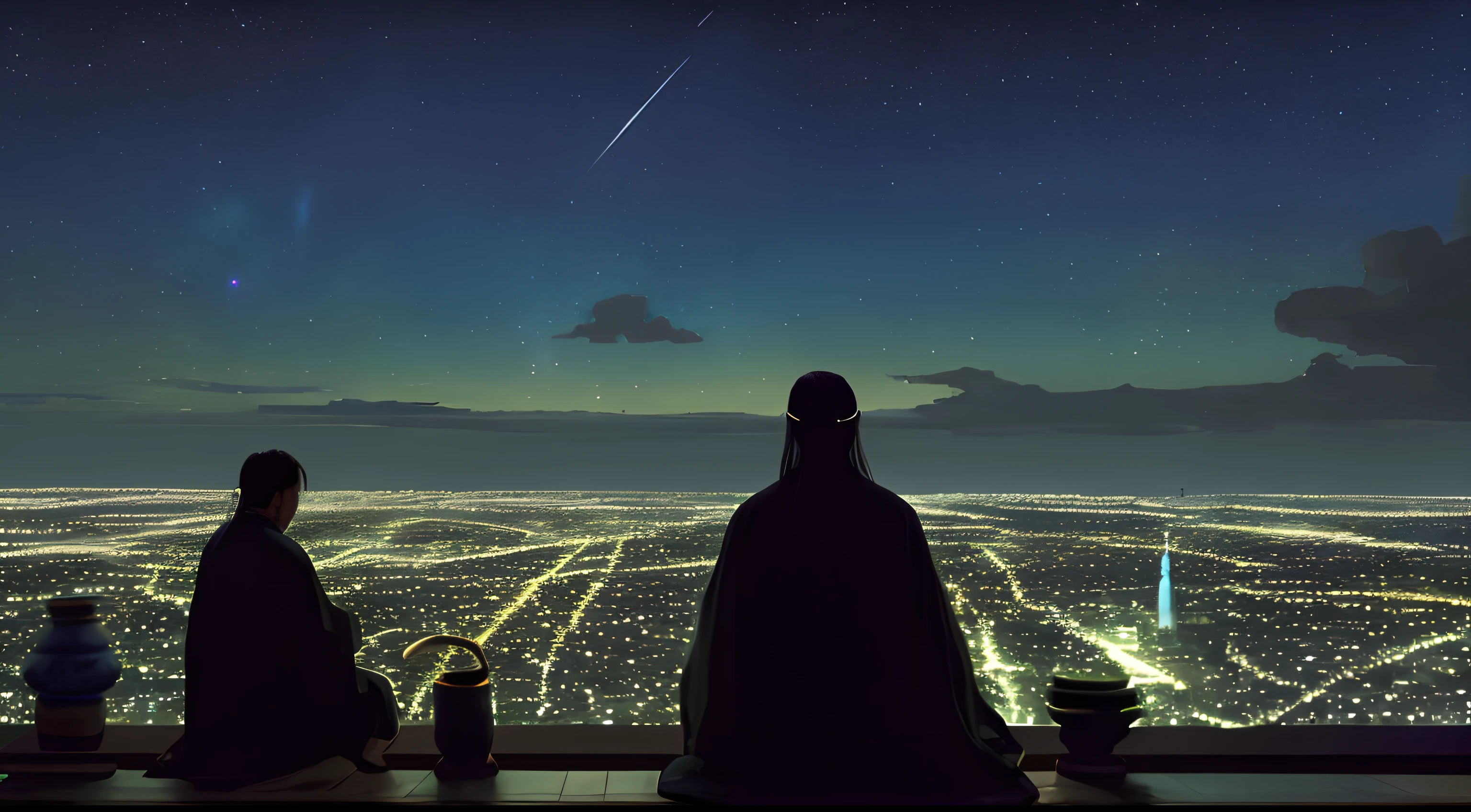 The landscape, starrysky, natta, A male Taoist priest watching in the night sky,Cyan robe,Drink with a gourd against the sky,exteriors, buliding, clouds, Sat down, tree, Long hair, 城市, siluette, view over city
