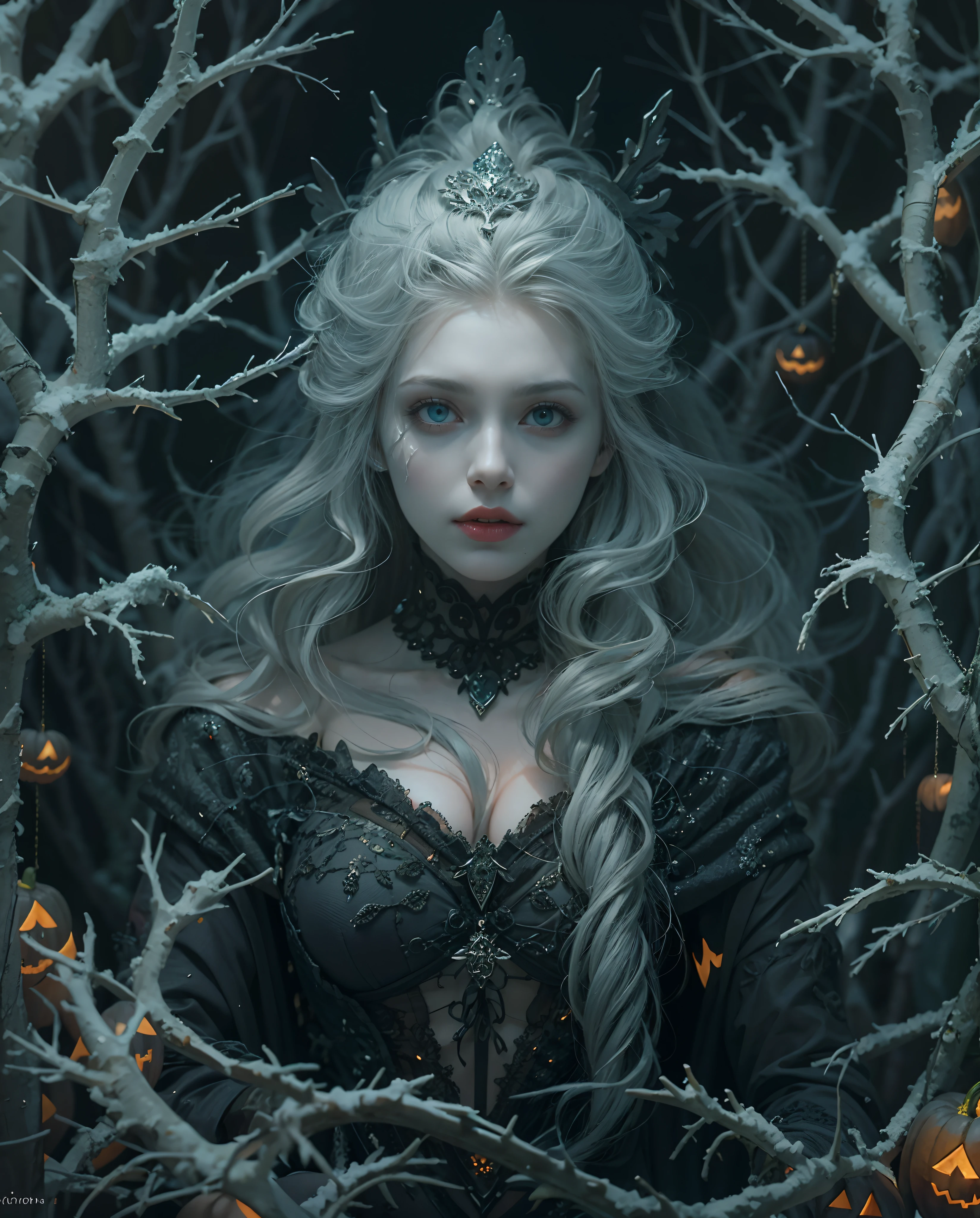 Best quality, masterpiece, meticulous detail, intricate detail, realistic, a mystical winter lady in halloween, horror, dark fantasy, cinematic