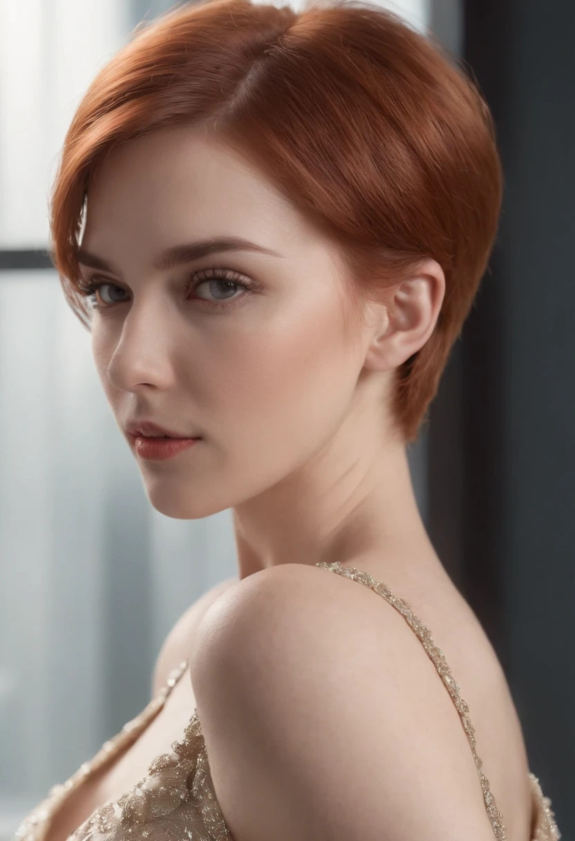 photoshoot of deborahWolf1, (redhair), (short hair cut),detailed skin texture, (blush:0.2), (goosebumps:0.3), (elegant dress), subsurface scattering, Photorealistic, Hyperrealistic, Hyperdetailed, analog style, hip cocked, demure, detailed skin, matte skin, soft lighting, subsurface scattering, realistic, heavy shadow, masterpiece, best quality, ultra realistic, 8k, golden ratio, Intricate, High Detail, film photography, hips up, seductive secretary, office