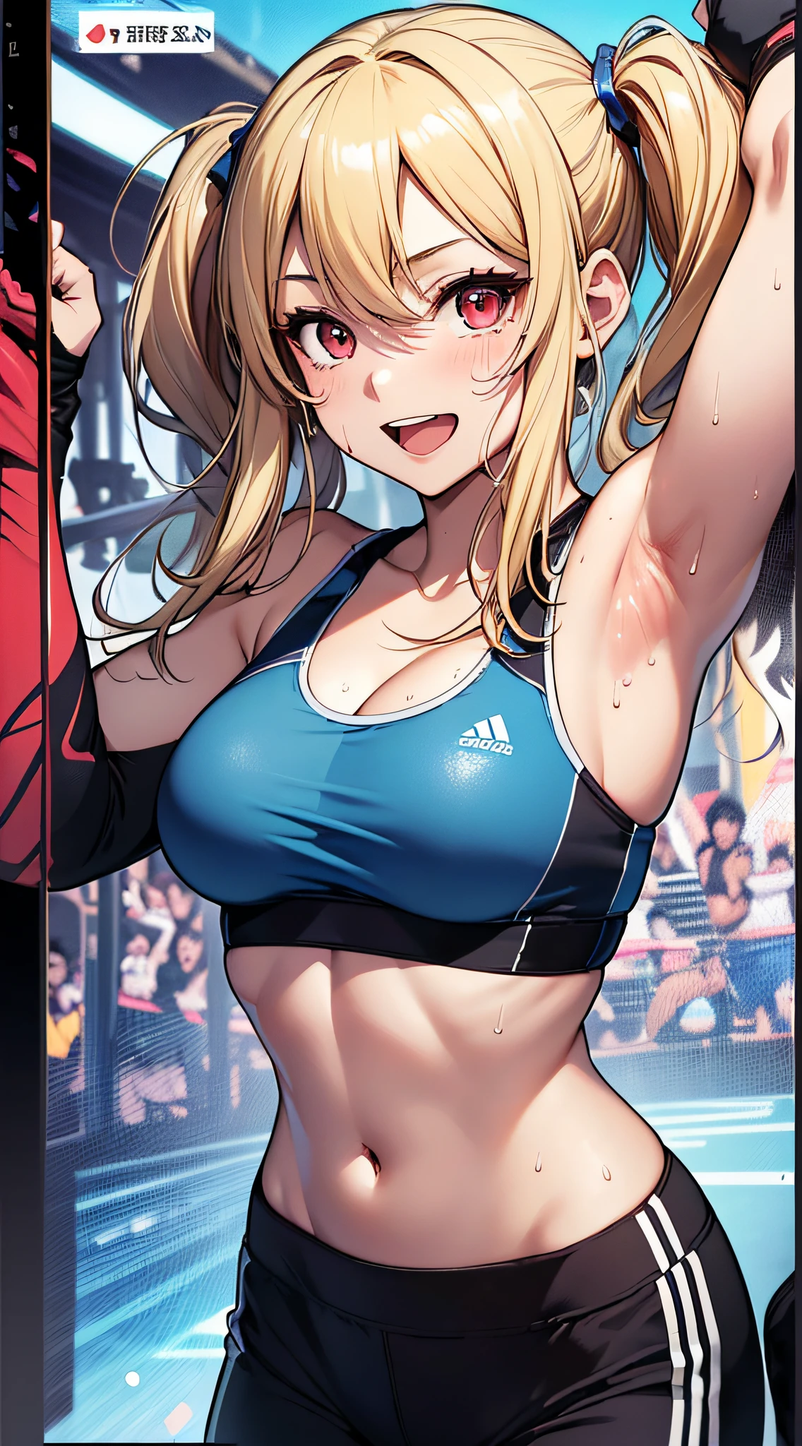 Anime girl in bikini with boxing gloves and red boxing gloves, biomechanical oppai, asuka suit under clothes!, SFW version, twintails white_gloves, oppai, pixiv 3dcg, muscular!!, highly_Detailed!!, in a boxing ring, realistic bikini, Realistic!!, oppai proportions, Ecchi anime style, boxing