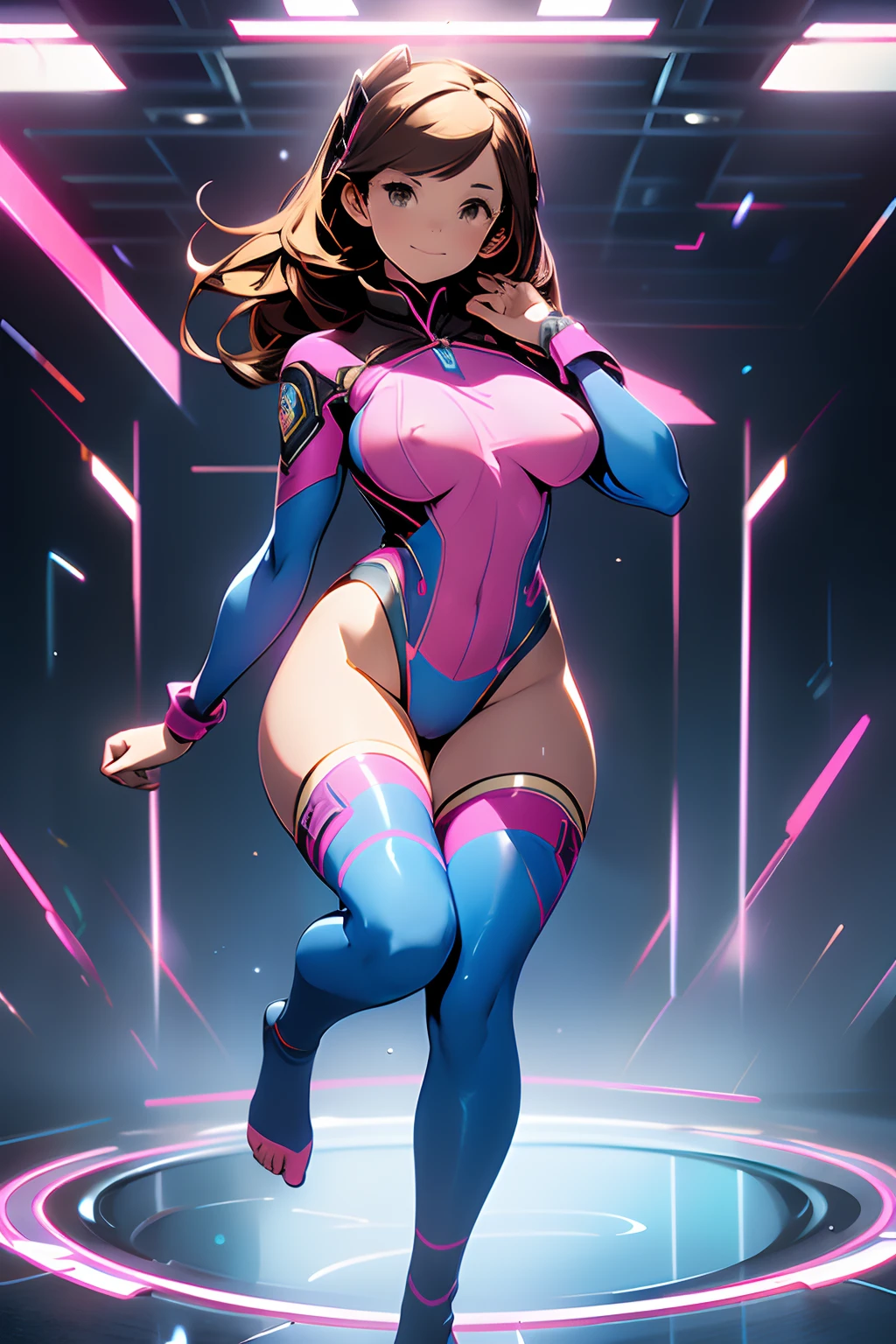 full body view of adult Emma Watson as D.VA from overwatch in her classic blue and pink textile full bodysuit uniform standing still looking at viewer, slim body, long wavy brown red floating hair, bangs, cute smile, shy grin, Full body, Perfect composition golden ratio, masterpiece, best quality, 4k, sharp focus, perfect anatomy, no shoes, beautiful feet, full body, full body shot, 1girl, action pose, nsfw, big breasts, blue thong, full body, transparent background, no shoes, bare feet, naked feet, beautiful feet,thick thighs, thigh gap, cameltoe, big breasts, hard nipples, perky tits, nip-slip, visible areolas, visible nipple,