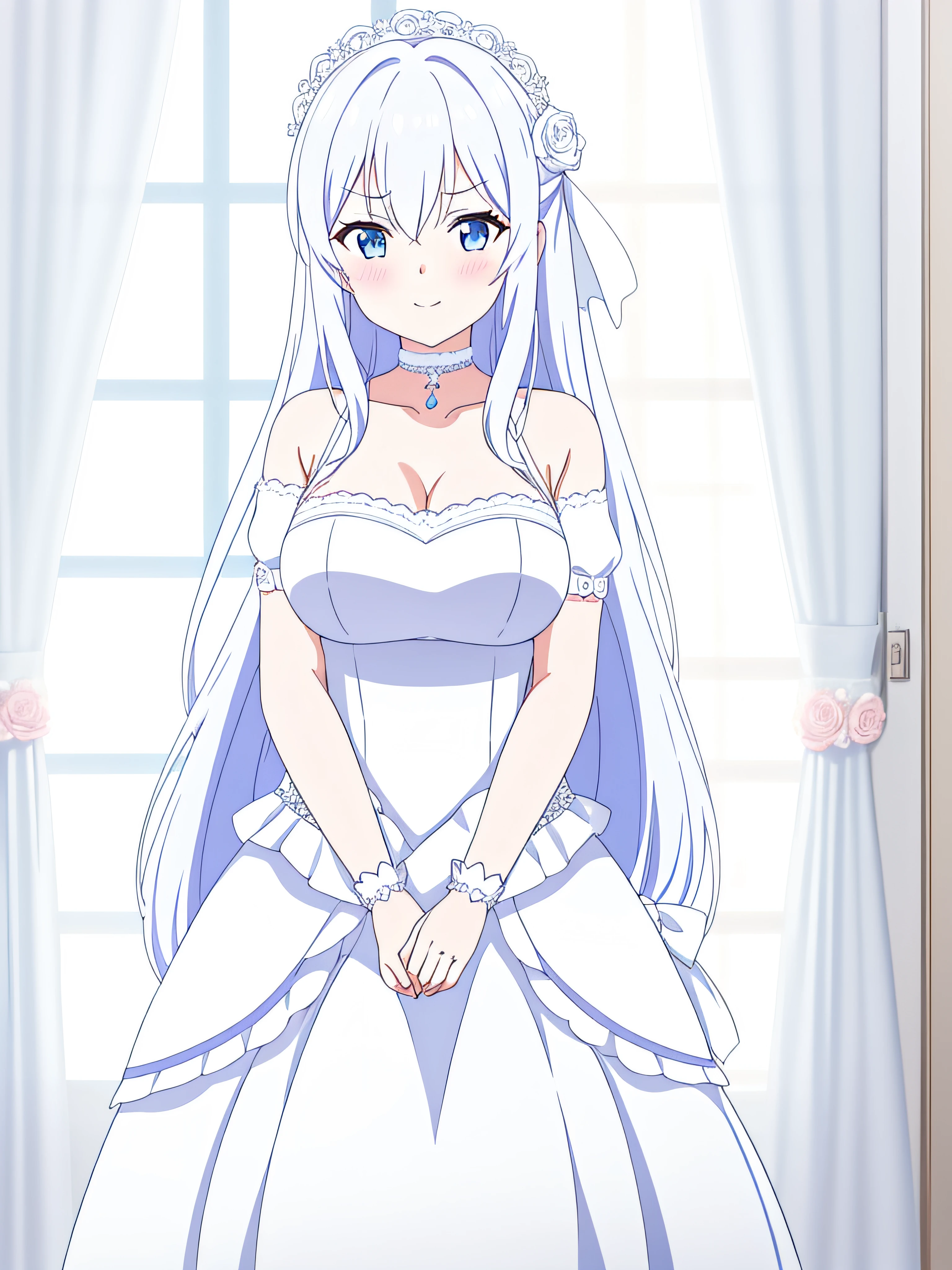 1girll, Yurina Ao,Charlotte,Breasts, cleavage, dress, mitts, Wedding_dress, Solo, Long_Hair, Large_Breasts, elbow_mitts, jewelry, ring, White_dress, White_mitts, light yarn, Looking_at_peeping at the viewer, flower, choker necklace, Indoors, the bride_light yarn, Bare_bshoulders, White_Rose, blue colored eyes, Blush, Hair_decorations, ssmile, Wedding_ring, White_flower, White_Hair, 鎖骨, Rose, White_choker necklace, No shoulder strap, No shoulder strap_dress, Curtains, bangs, Hair_ribbon, Hair_flower, One_Side_Up, hand_Up, ribbon, Hair_between_Eyes, frilld, window, V-shaped_Eyebrows,
