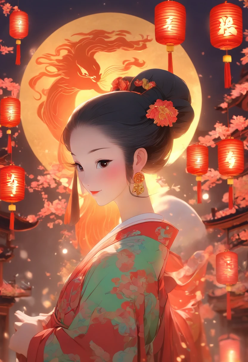 Mid-Autumn Festival,moon full,the huge moon,An ancient Chinese beauty wearing a cheongsam,Coiled hair,New Chinese style home,On the wooden table are delicate mooncakes,The girl held the jade rabbit in her arms,best qualtiy,tmasterpiece,8K,China-style,
