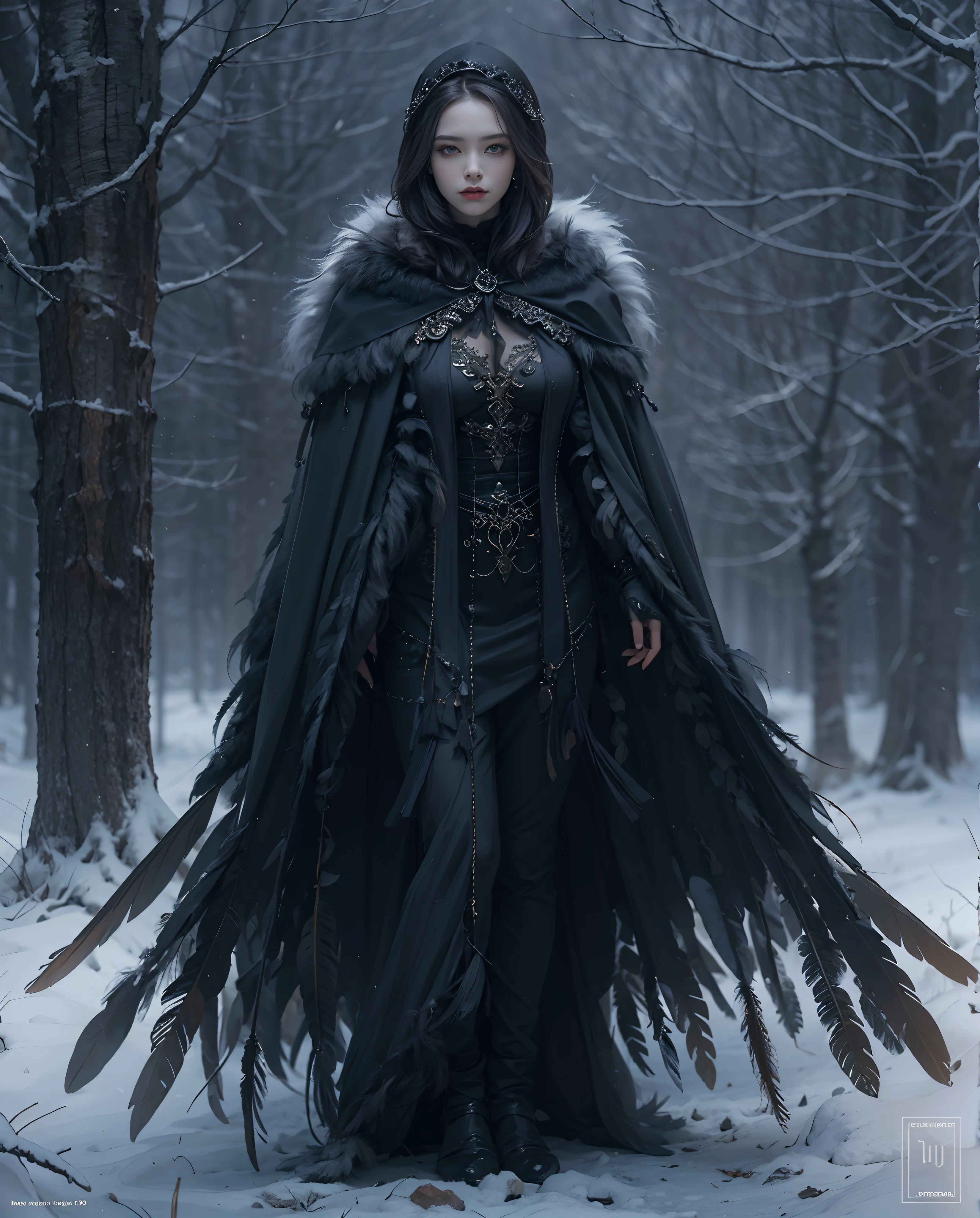 Best quality, masterpiece, meticulous detail, intricate detail, realistic, full body, a mystical winter lady with black feathers cloak in halloween, horror, dark fantasy, cinematic