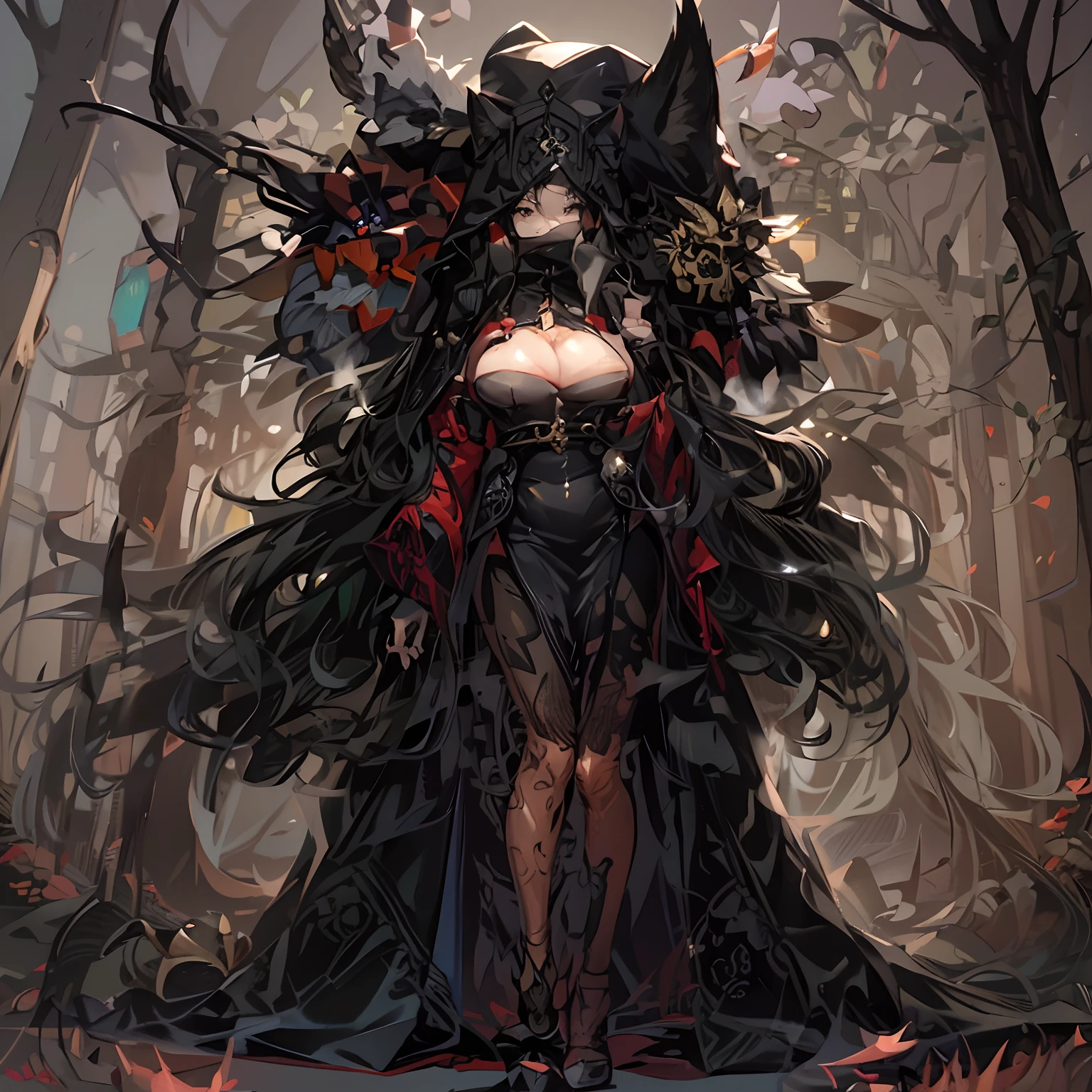 masutepiece, High quality, Best Quality, Beautiful, hard disk, Perfect Lighting, Detailed face, Detailed body,full body Esbian、standing in the forest、Solo, (black wavy long hair), Black eyes, Colossal tits、 Black dress with complex pattern, (Gray wolf hat), Accessories with complex modeling