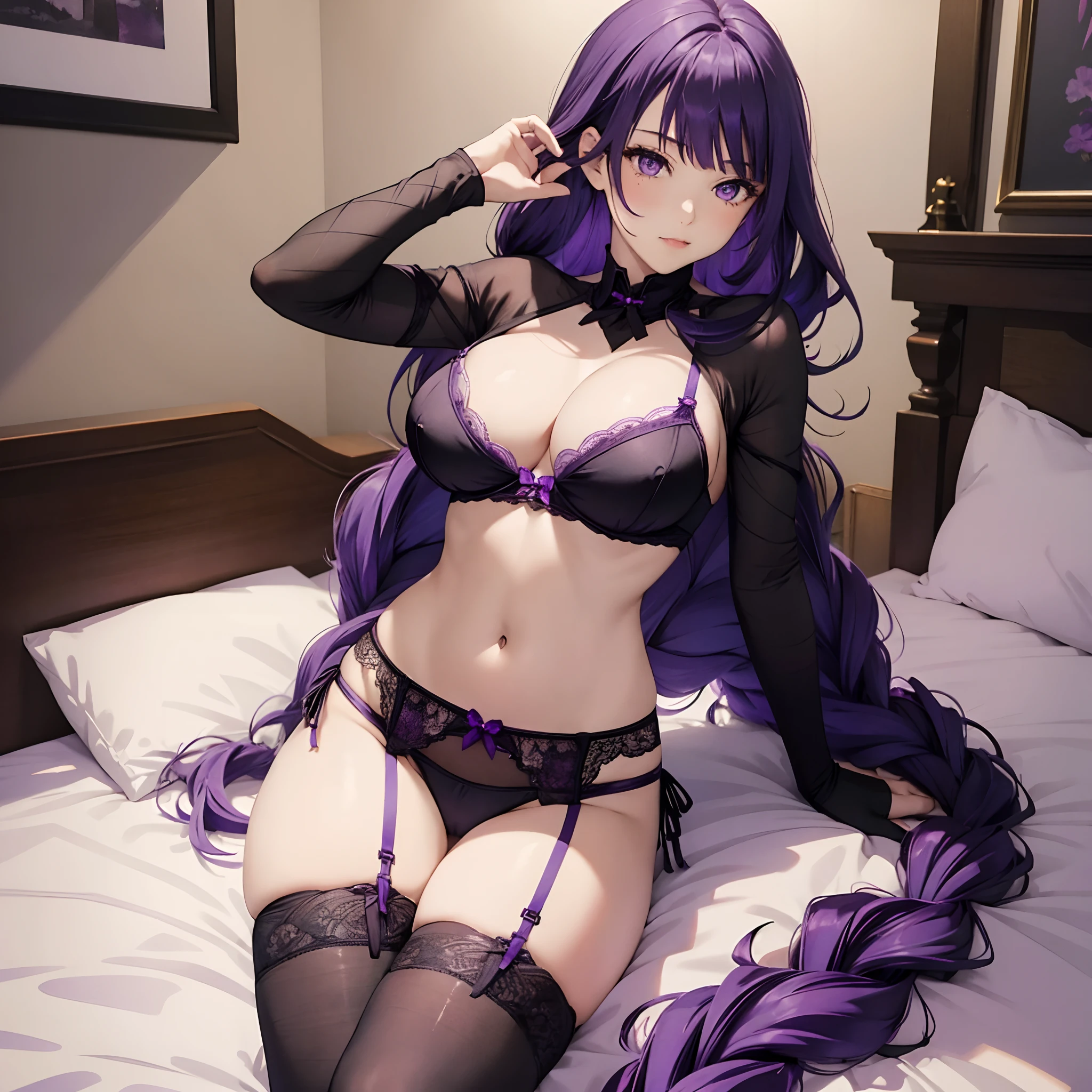 1 girl, long purple hair, purple eyes, large breast, black lingerie, black panties, garterbelt with black stocking, laying top of bed, bedroom, nipple perked out from under bikini, nipple see through bra,