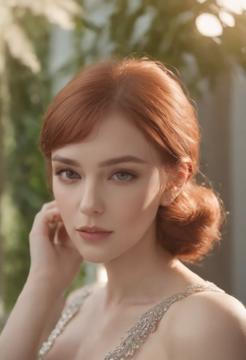 photoshoot of deborahWolf1, (redhair), (short hair cut),detailed skin texture, (blush:0.2), (goosebumps:0.3), (elegant dress), subsurface scattering, Photorealistic, Hyperrealistic, Hyperdetailed, analog style, hip cocked, demure, detailed skin, matte skin, soft lighting, subsurface scattering, realistic, heavy shadow, masterpiece, best quality, ultra realistic, 8k, golden ratio, Intricate, High Detail, film photography, (hips up), seductive secretary, office