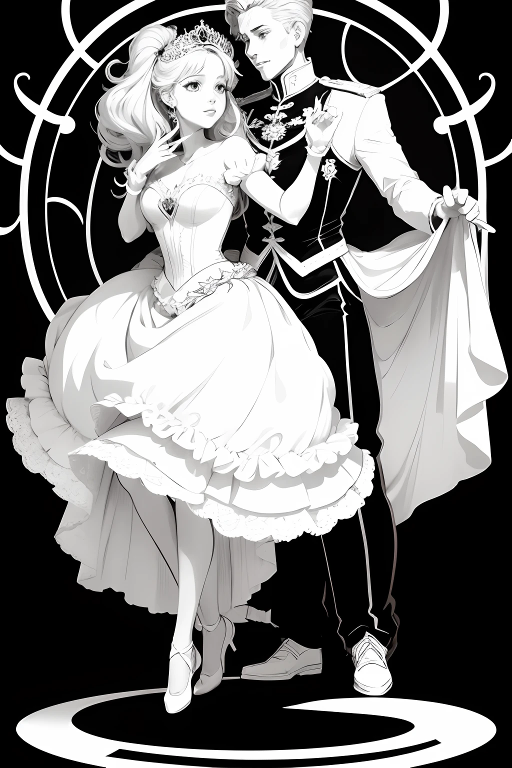 White, Sketch style, basic, a princess in a ball gown dancing with a prince. cute, coloring book, vector, white background, outline, with images neatly contained within the background, just black and white color, full body, no color, basic, printable --auto