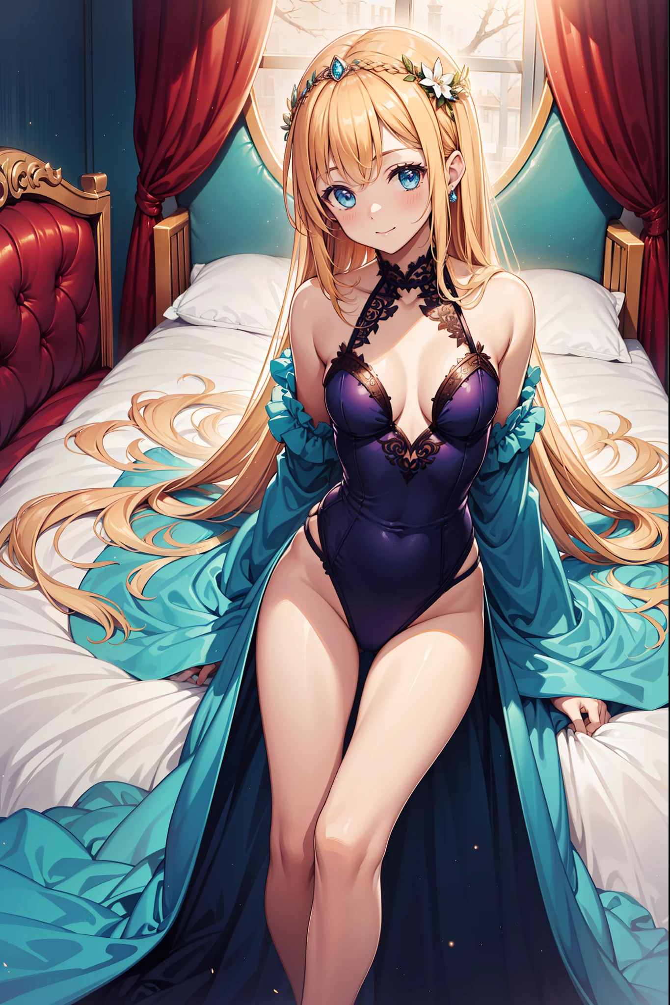 (Best quality,4K,8K,A high resolution,Masterpiece:1.2),s girl,Enchanted,having fun,Being in love,Light princess dress,blond hairbl,Sky Blue Eye,Deep purple swimsuit,A small amount of pale lake green cloth,A small amount of lace,A small number of folds,exquisite costumes,Royal bedroom with bed,solo person,the night