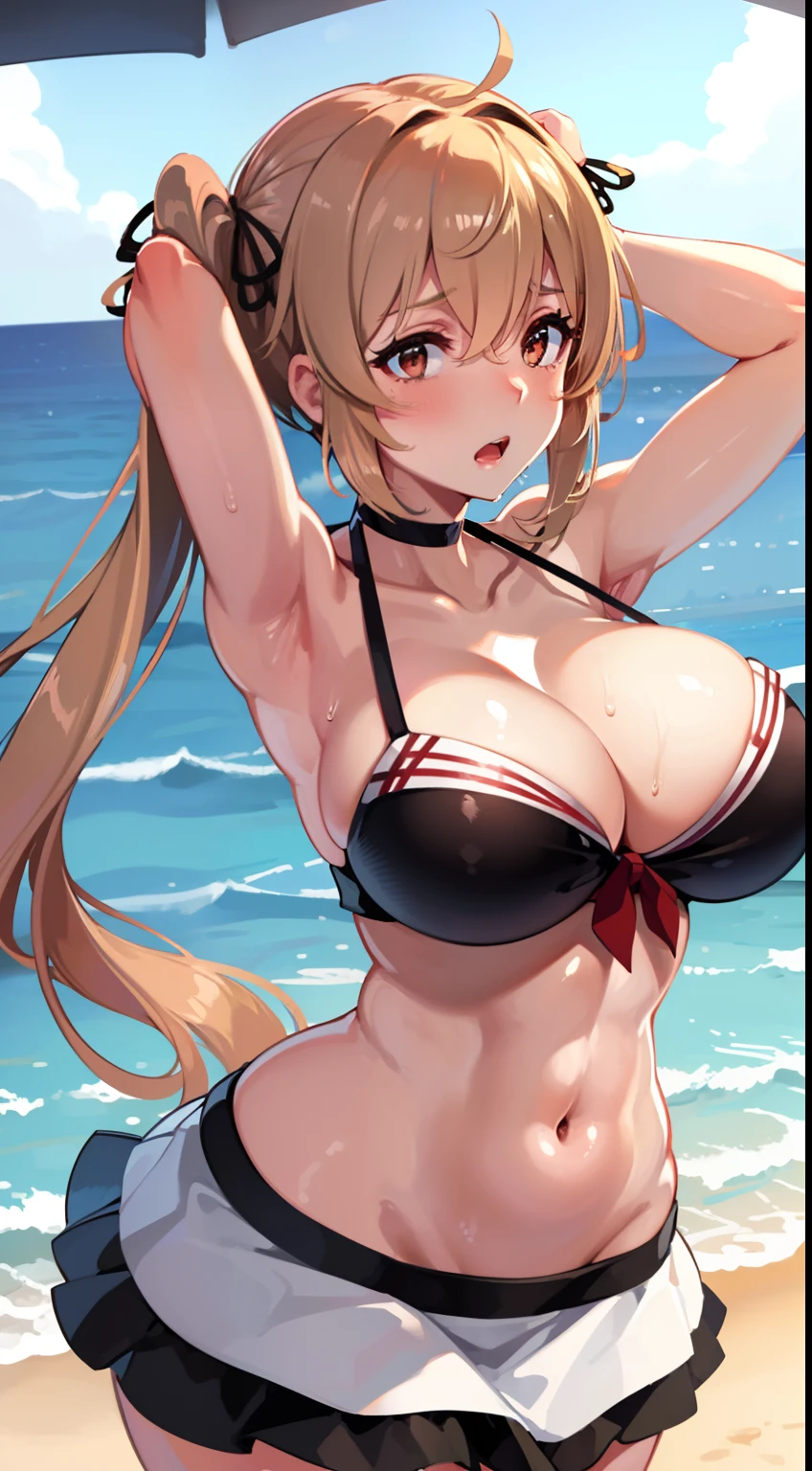 Open mouth, a milf,Shiny body, Shiny skin, ,huge breasts ,Shiny skin,BTPT-FC,wide hips,,resort beach,,Sweat, ,Hands on head,Heart-shaped eyes,,twintail,hair clips,black bikini,bikini skirt,white skirt