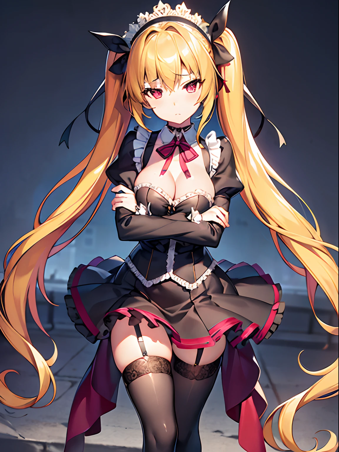 Highly detailed and realistic CG, Colorful, Masterpiece, Best Quality, magnificent, jewel-like eyes, 1girl, solo, ****, petite, cute girl, lemon yellow hair, wavy hair, very long twintails, gothic school uniform, black clothes, frown, red eyes, 
 jig eyes, hollow eyes, half-closed eyes, standing, gothic ribbon, ribbon tie, outdoors, school ground, large breasts, cleavage, crossed arms, closed mouth, blush, gothic miniskirt, gothic boots, from front, from above, pov, skinny legs, thigh strap, choker, slender, skinny body, gothic headdress,