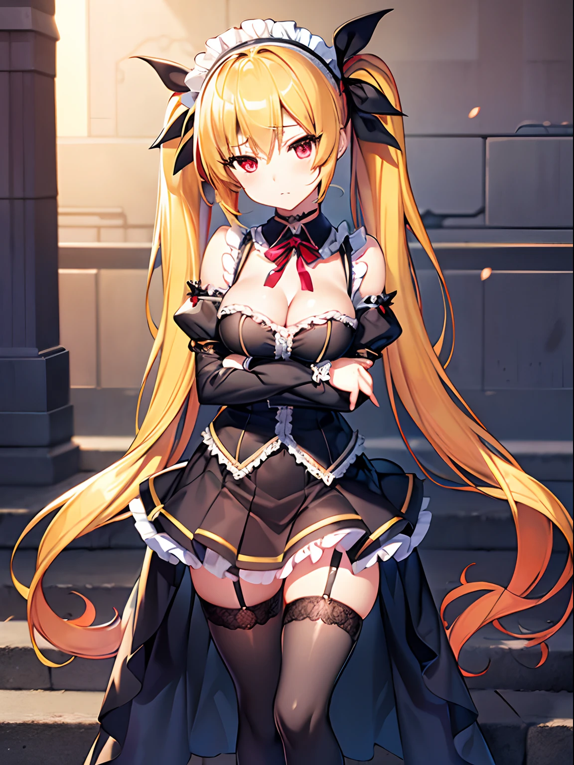Highly detailed and realistic CG, Colorful, Masterpiece, Best Quality, magnificent, jewel-like eyes, 1girl, solo, li, pee, cute girl, lemon yellow hair, wavy hair, very long twintails, gothic school uniform, black clothes, frown, red eyes,
jig eyes, hollow eyes, half-closed eyes, standing, gothic ribbon, ribbon tie, outdoors, school ground, large breasts, cleavage, crossed arms, closed mouth, blush, gothic miniskirt, gothic boots, from front, from above, pov, skinny legs, thigh strap, choker, slender, skinny body, gothic headdress,