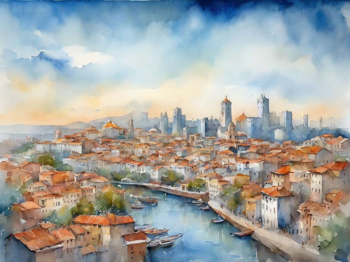 The city spreads out under the blue sky、The top half of the image is a blue sky、Image from the sky、The cityscape spreading out below、Beautiful cityscape、Beautiful Landscapes、Light blue base、Fantastical