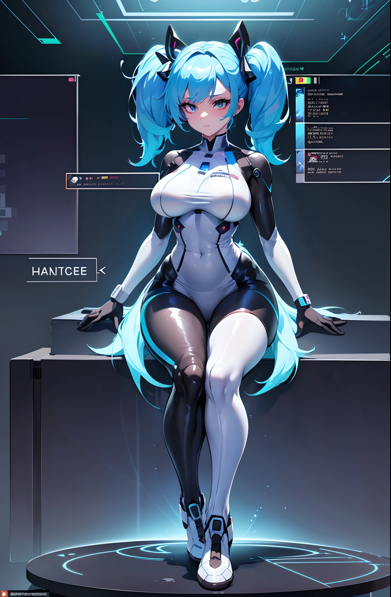 1girl, masterpiece, detailed, high quality, young female android, young android helper, young android nurse, "CheMax", "CHEats MAXimal", cheat utility, twintails hairstyle, skyblue hair color, fullbody, mascot, held injector, white tight uniform with blue stipes, (blackboard on background, writing board on background), artificial intelligence, enhanced senses, unlimited knowledge, medical equipment, advanced diagnostics, high-tech gadgets, technologically advanced architecture,seamless integration,trim, futuristic, glowing lights, sci-fi style, vibrant colors, realistic rendering, detailed hair, detailed body, detailed hands, detailed face, detailed feets, big boobs, sexy pose, sexy sitting pose