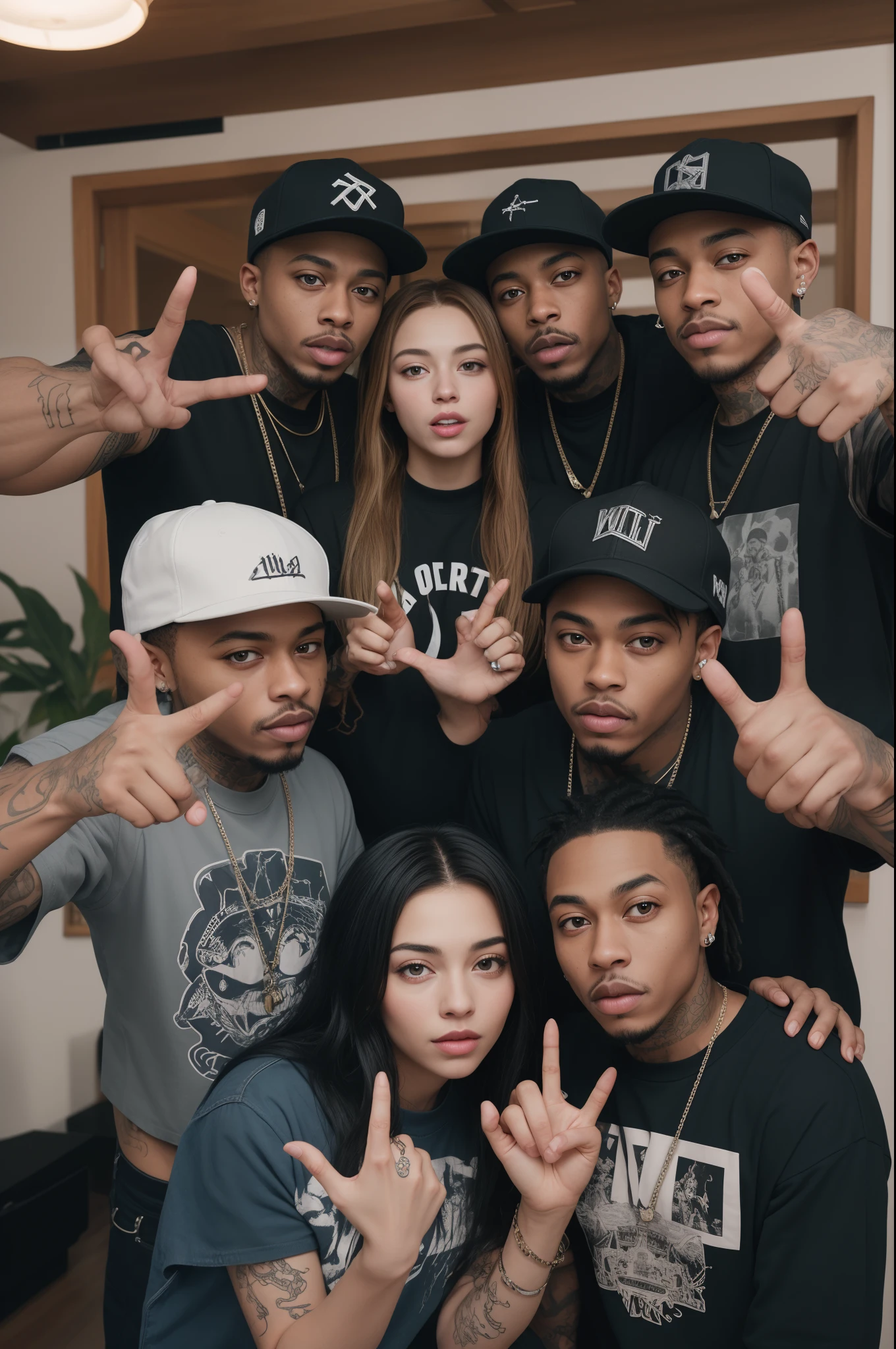 mixed genders family rappers portraits badass selfies of females version xxxtentacion juice wrld inspired crazy wild detals gangsta gang baggy sagging trap sumpreme streetwear at a cosy indoor home raisng hands gang signs middle finger