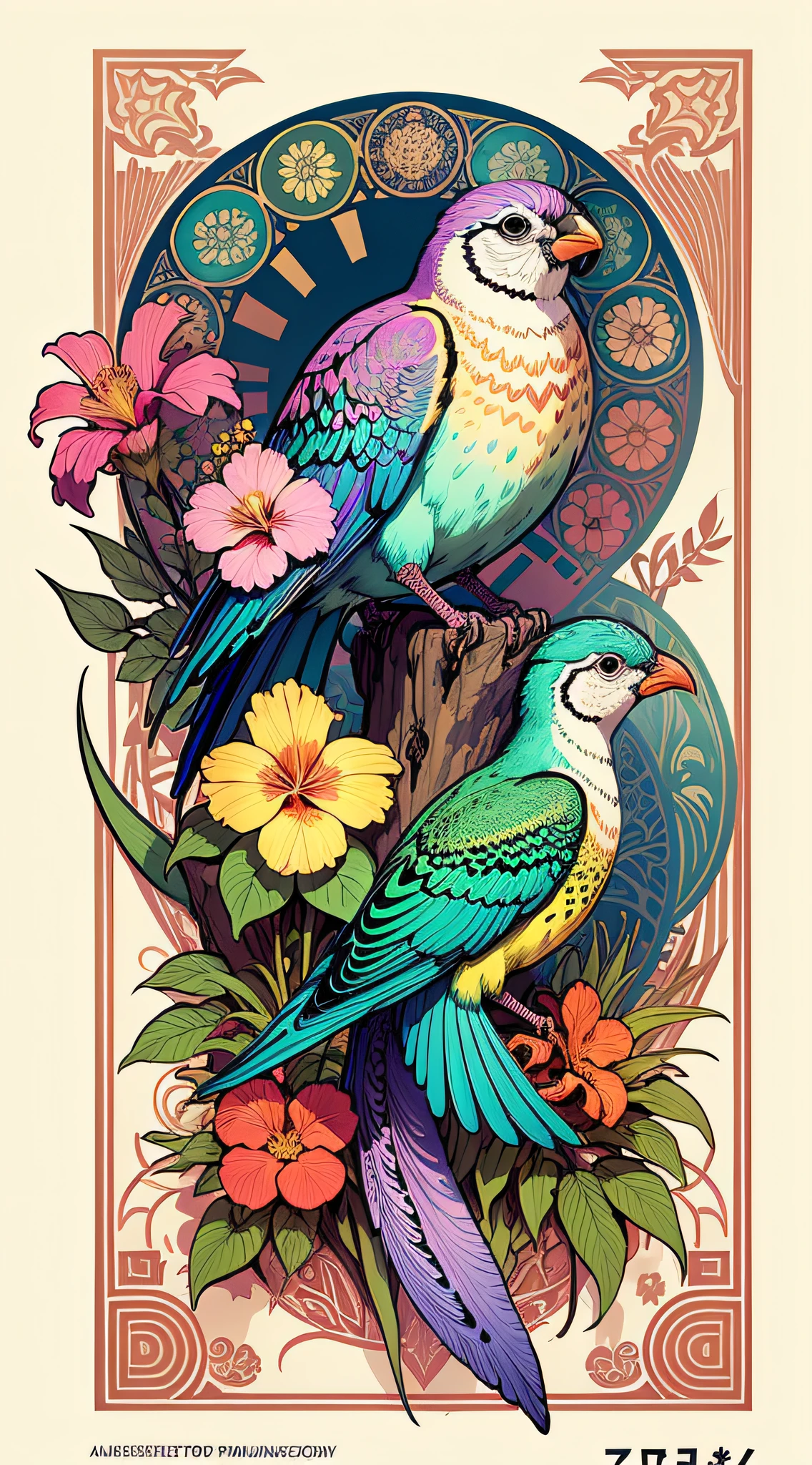 (masterpiece、top-quality、top-quality、Official art、Beautifully Aesthetic:1.2)、top-quality、top-quality、logo mark、stamp、Geometric pattern、vector-art、High-quality illustrations by Alfons Mucha、Colorful flowers々、Colorful tropical birds
