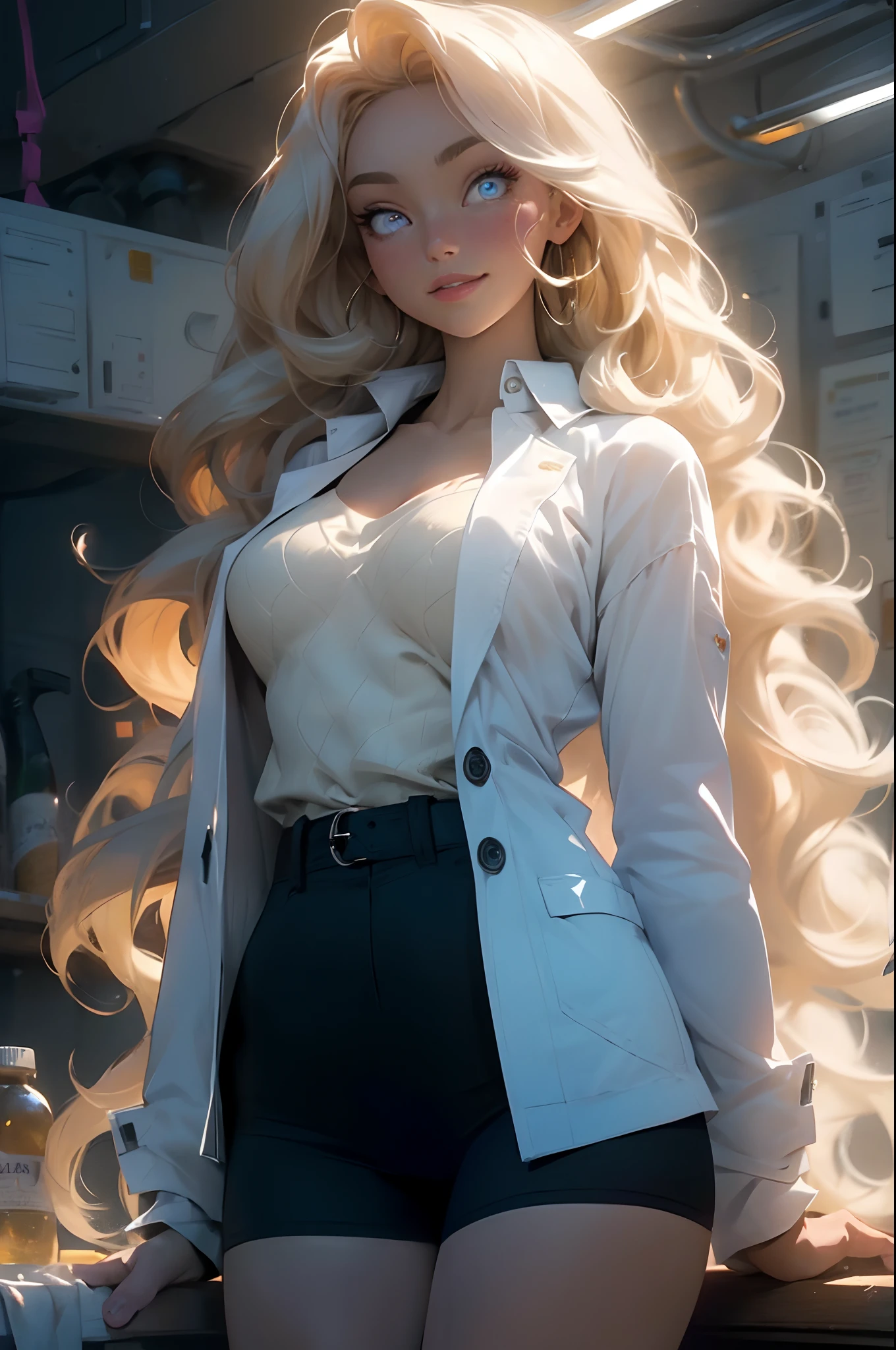 Melancholy lighting, Take it easy, calm, shine, masterpiece, best quality, 1 girl, (JinxLol: 1.2), (ultra photorealistic: 1.3), (masterpiece: 1.4), best quality, ((realistic)), high quality, Ultra Detailed, ((real image)), ((realistic skin)), ((realistic face)), (illustration: 1.05), (beautiful: 1.05), (beautiful detailed eyes: 1.05), (cinematic light: 1.1), full body, accurate proportions, 25-year old girl, CURVY model (wearing sexy lab coat), waves, BLOND hair fluttering in the wind, long legs, slightly open feet, butt, blushing, shyness, clavicle, abs, double texture, beautiful and delicate face, fair skin, real skin, (face detail), couples, super high res, 8k, parameters Best quality, masterpiece, super high res, (Realistic 2.0), more details, detailed skin, wide smile, white teeth, VOLUMINOUS GINGER BLONDIE hair, perfect and well-drawn eyes, girlfriend, cute, pretty, studio illumination, (modern laboratory surronding:1.2), ((PERFECT EVEN EYES:1.4))
