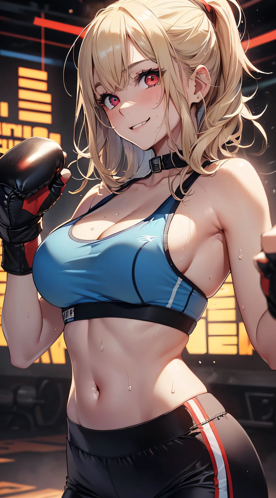 top-quality、Top image quality、​masterpiece、girl with((18year old、Blue Sports 、Blue sports pants、Best 、 90、Blonde Shortcuts、Red Eyes、open  wide、Valley、Happiness、A slender、ssmile,Fitness Boxing、Fighting、Sweating、Splattering sweat)）hiquality、Beautiful Art、Background with((nightclubs、fight club、Live Coverage))、masutepiece、Elaborate design、visualart、