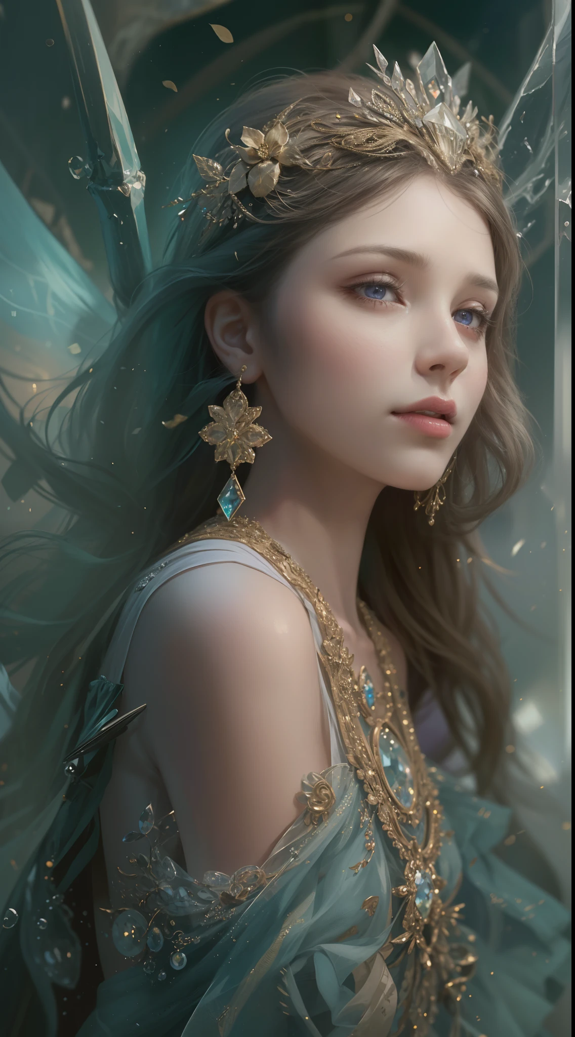(Best quality,8K,A high resolution,Masterpiece:1.2),Ultra-detailed,(Realistic,Photorealistic,photo-realistic:1.37),Portrait,Creative style artwork,Historical,classical,Sophisticated,plethora of colors,Highly detailed,Soft lighting,luxurious environment,Delicate fairy flowing dress,detailed jewellery,Ethereal atmosphere,Elegant Pose,Graceful curves,Gold body proportions，Flowing and fluffy hair,Breathtaking textile patterns,Bright and clear purple eyes,Delicate floral decoration,A dazzling array of crystal accessories,Mysterious and dreamy atmosphere,Impeccable attention to detail.