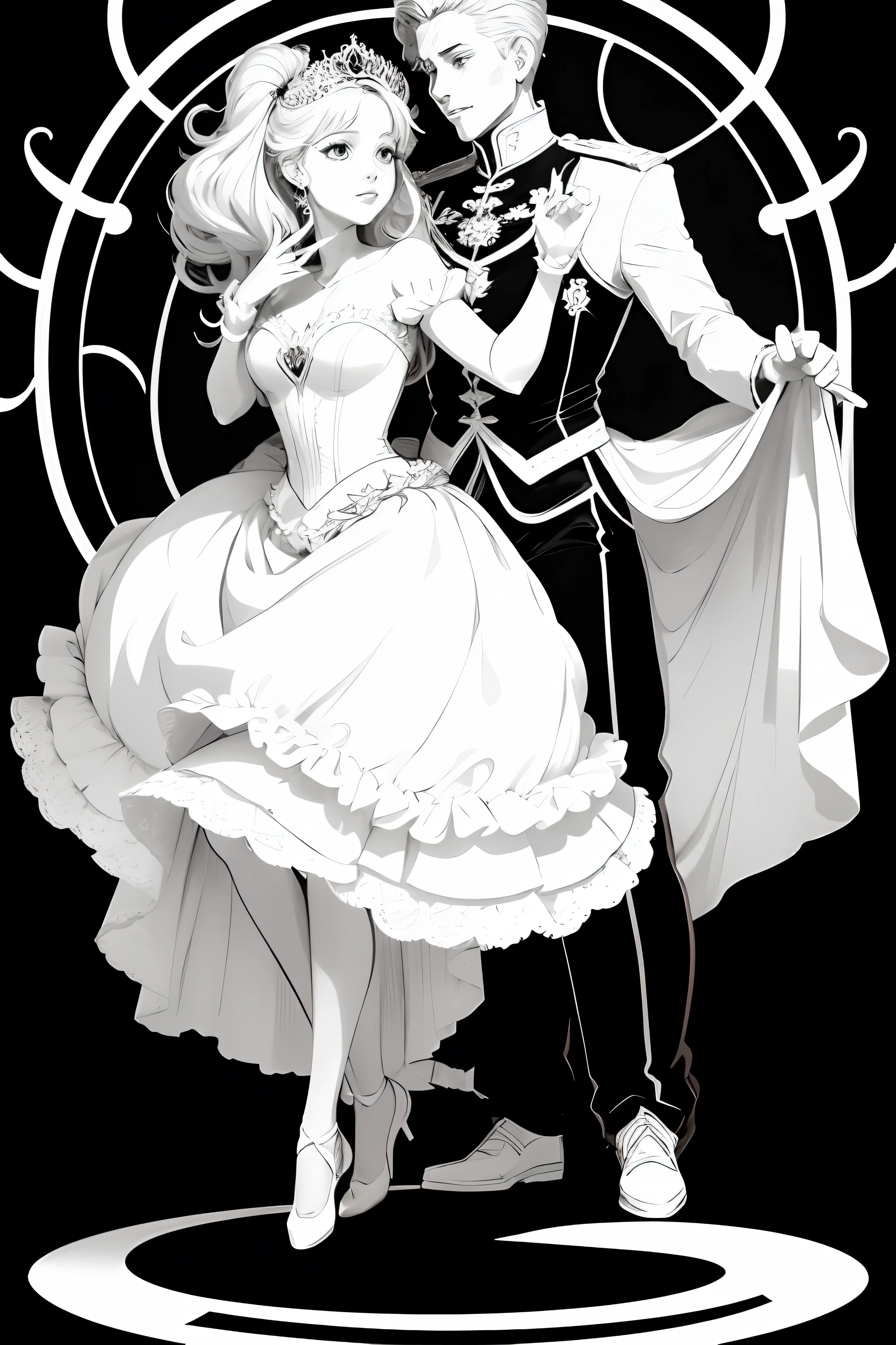 White, Sketch style, basic, a princess in a ball gown dancing with a prince. cute, coloring book, vector, white background, outline, with images neatly contained within the background, just black and white color, full body, no color, basic, printable --auto