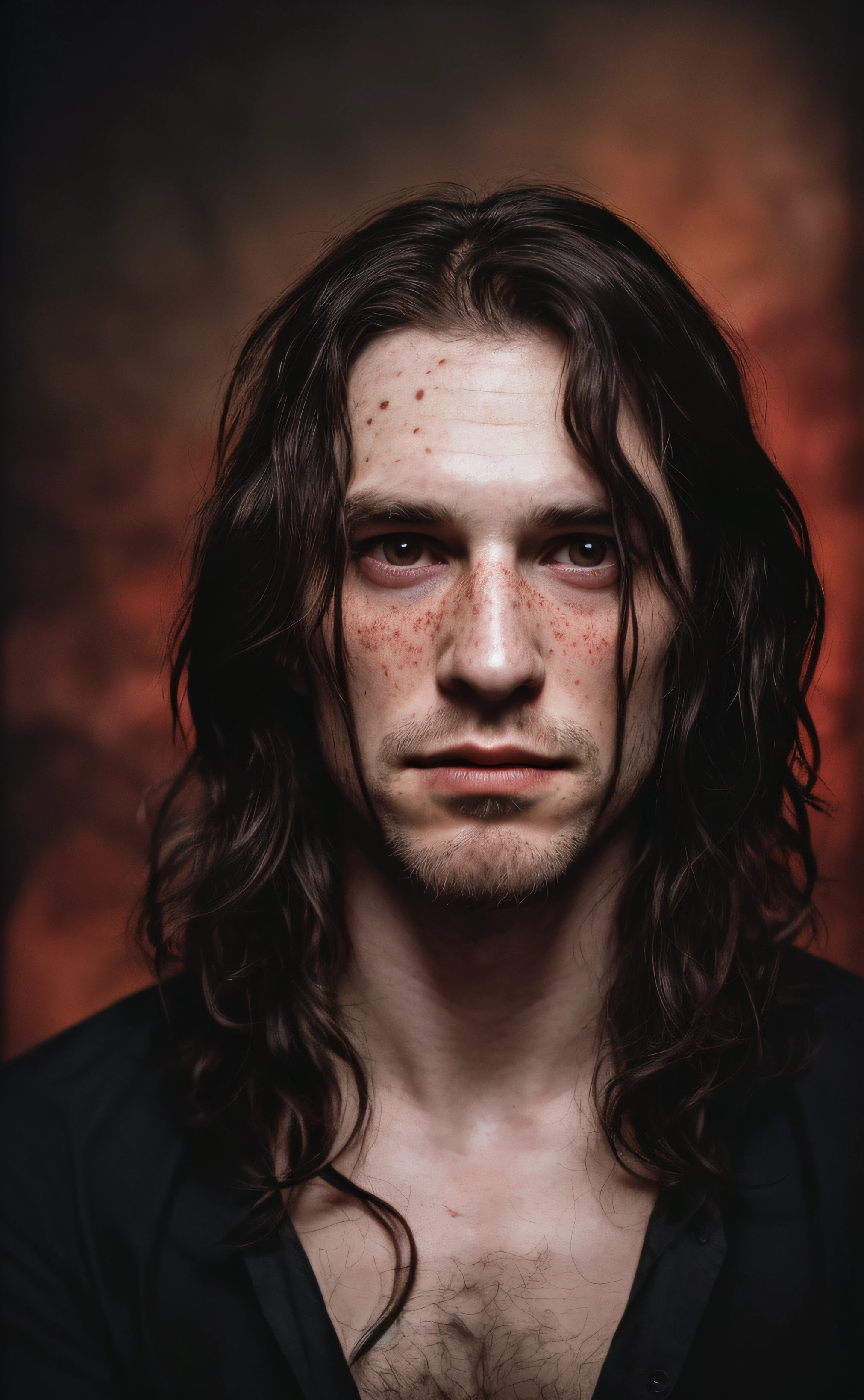(close-up, editorial photograph of a 30 year old man), (highly detailed face:1.4) (smile:0.7) (background inside dark, moody, private study:1.3) POV, by lee jeffries, nikon d850, film stock photograph ,4 kodak portra 400 ,camera f1.6 lens ,rich colors, hyper realistic ,lifelike texture, dramatic lighting , cinestill 800, wavy hair, messy hair, black hair, black eyes, freckles, pale skin, evil smirk, witchcraft, first vampire, cain, astral plane, Red full moon, european expression, european man, european skin, darkness, darkside, mark of cain