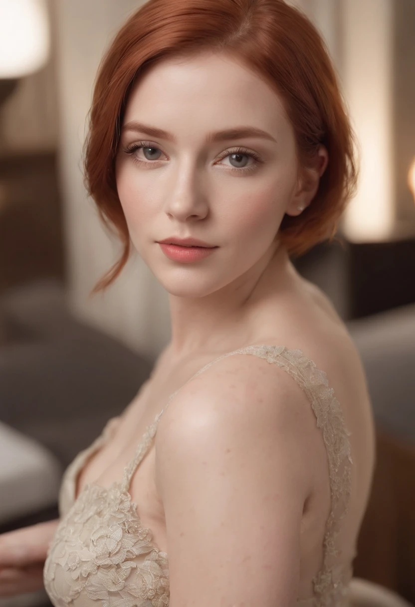 (redhair), (Short haircut),Detailed skin texture, (blush:0.2), (Goosebumps:0.3), (Elegant dress), Subsurface scattering, Photorealistic, hyper realisitic, hyperdetails, analog style, hip cocked, demure, Detailed skin, Matte skin, Soft lighting, Subsurface scattering, Realistic, heavy shadow, masutepiece, Best Quality, A hyper-realistic, 8K, Golden ratio, Convoluted, high detailing, film photography, ((hips up high)), Seductive secretary, Office