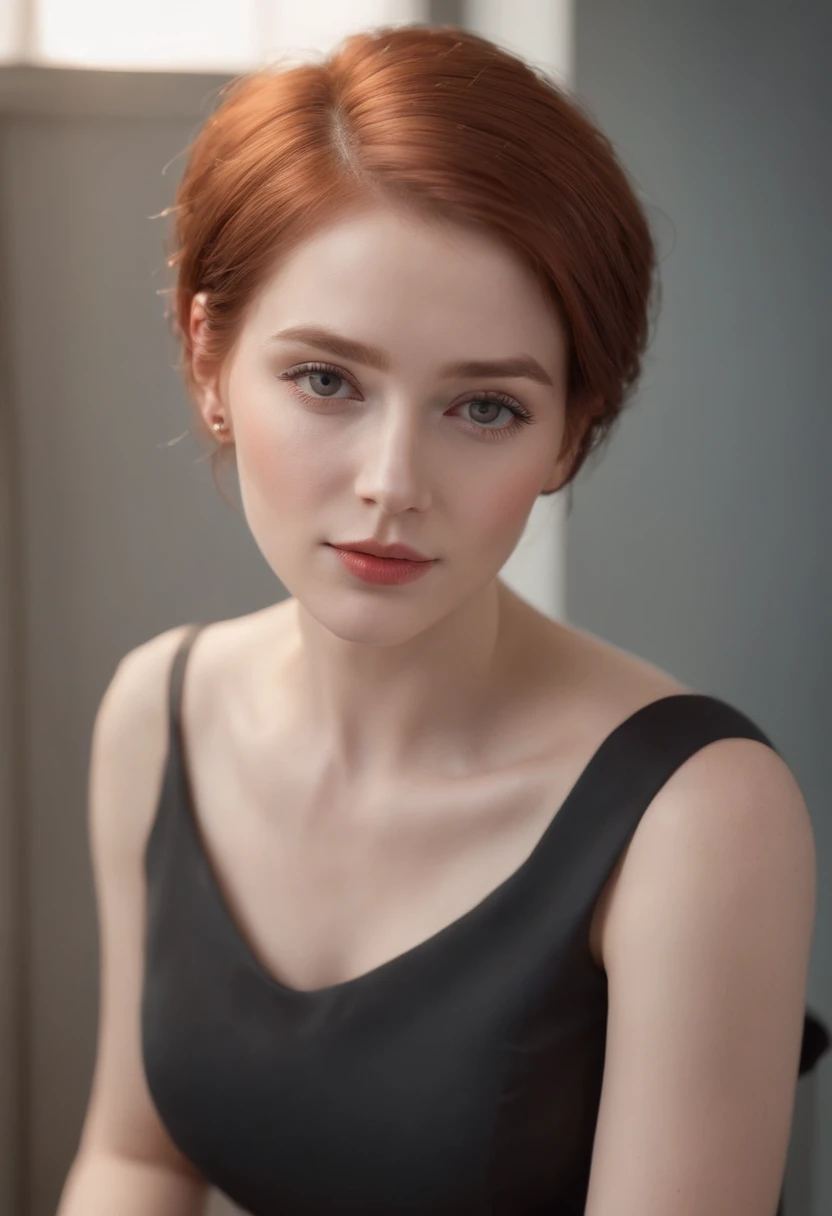 (redhair), (Short haircut),Detailed skin texture, (blush:0.2), (Goosebumps:0.3), (Elegant dress), Subsurface scattering, Photorealistic, hyper realisitic, hyperdetails, analog style, hip cocked, demure, Detailed skin, Matte skin, Soft lighting, Subsurface scattering, Realistic, heavy shadow, masutepiece, Best Quality, A hyper-realistic, 8K, Golden ratio, Convoluted, high detailing, film photography, ((hips up high)), Seductive secretary, Office