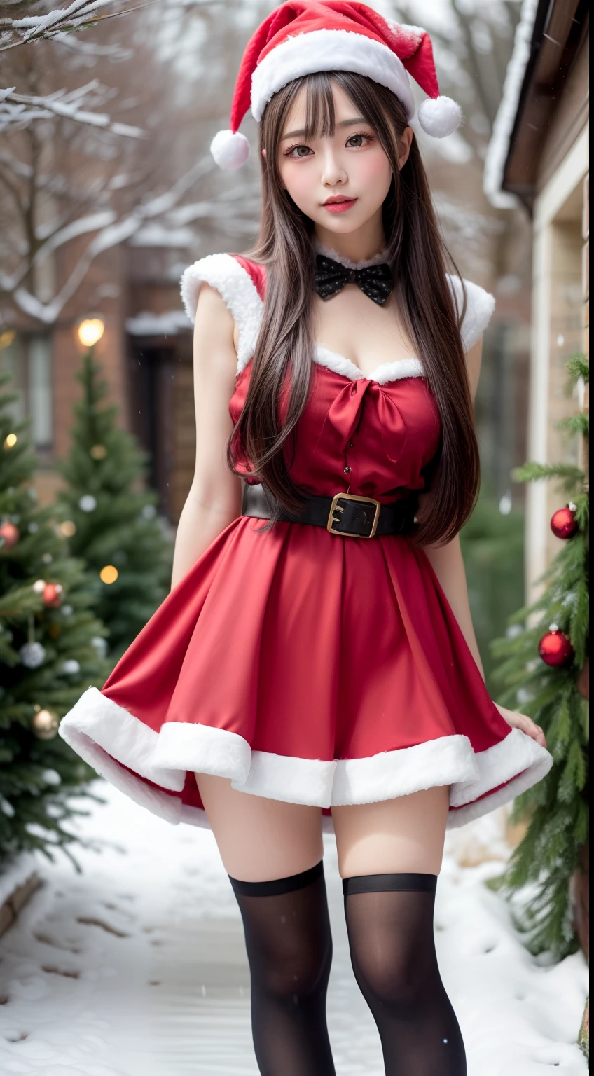 Christmas girl, black long hair Emo Pin up Girl, red christmas dress, Striking a pose, natural make up, skinny innocent, in a snowy garden, heavenly, midshot, centered image, good girl, innocent girl